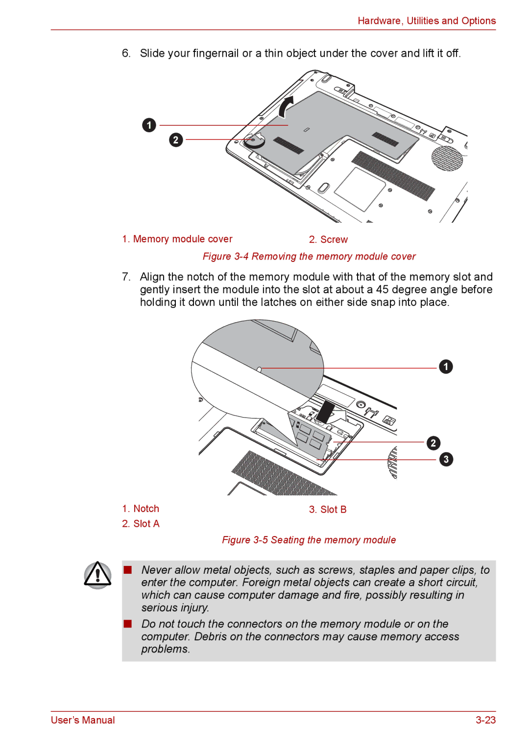 Toshiba Pro L670D, L675D user manual Removing the memory module cover 