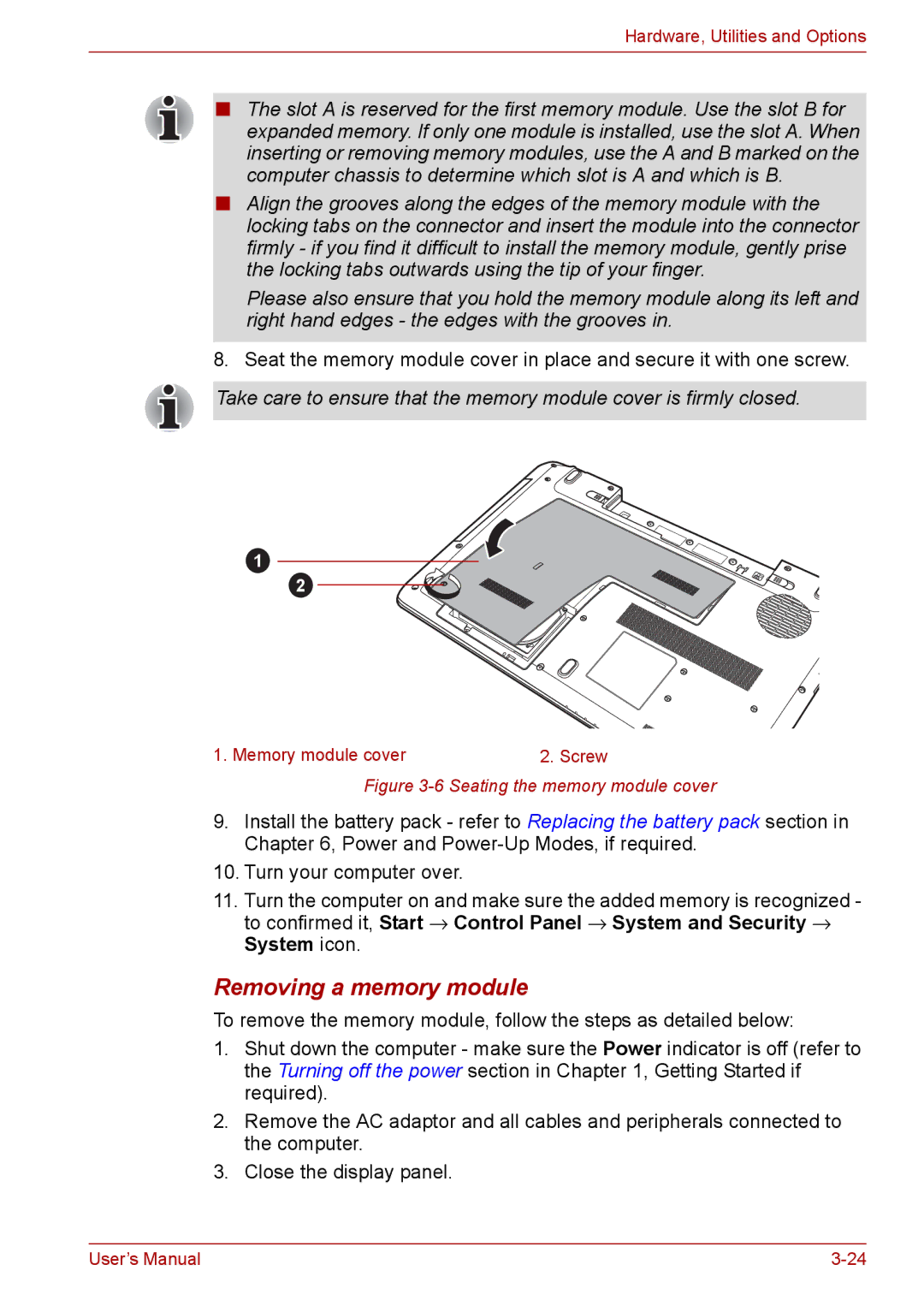 Toshiba Pro L670D, L675D user manual Removing a memory module, Seating the memory module cover 