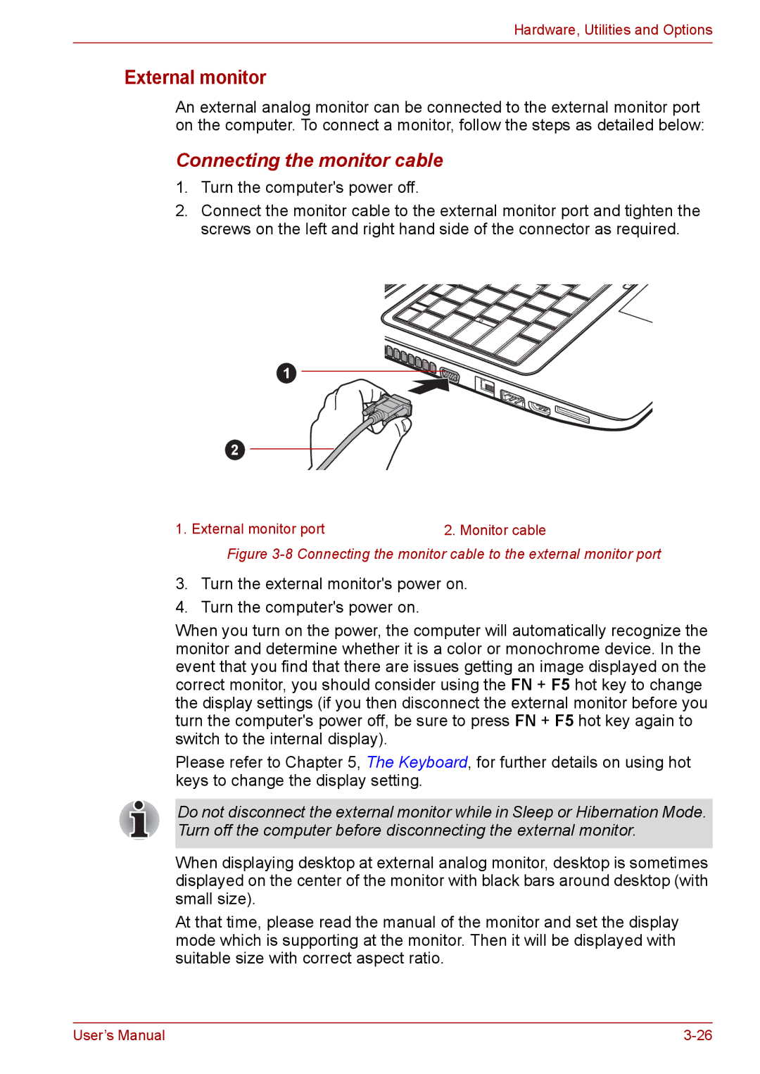 Toshiba Pro L670D, L675D user manual External monitor, Connecting the monitor cable 