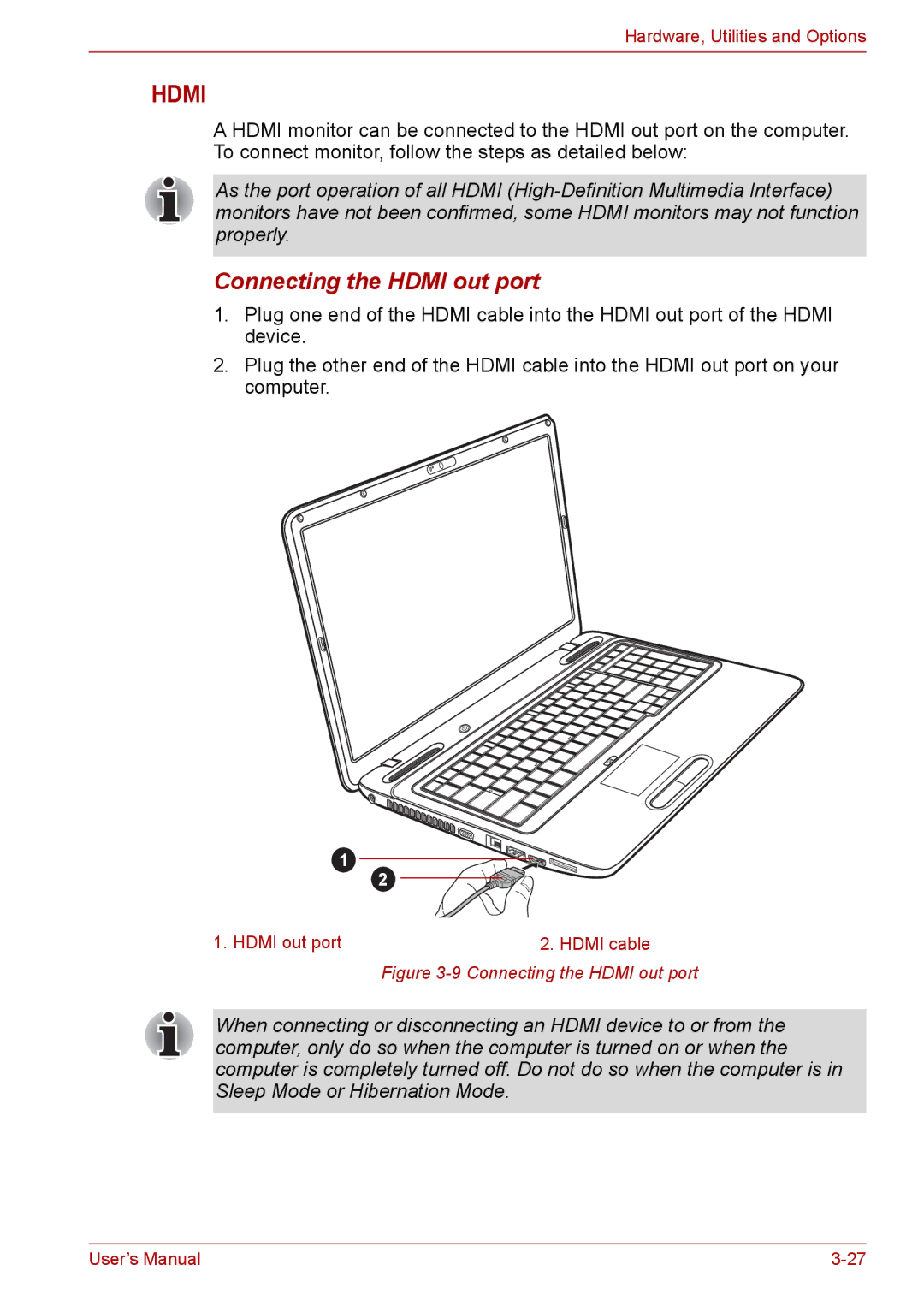 Toshiba Pro L670D, L675D user manual Connecting the Hdmi out port 