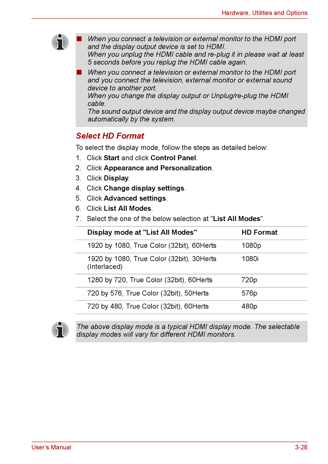 Toshiba Pro L670D, L675D user manual Select HD Format, Display mode at List All Modes HD Format 