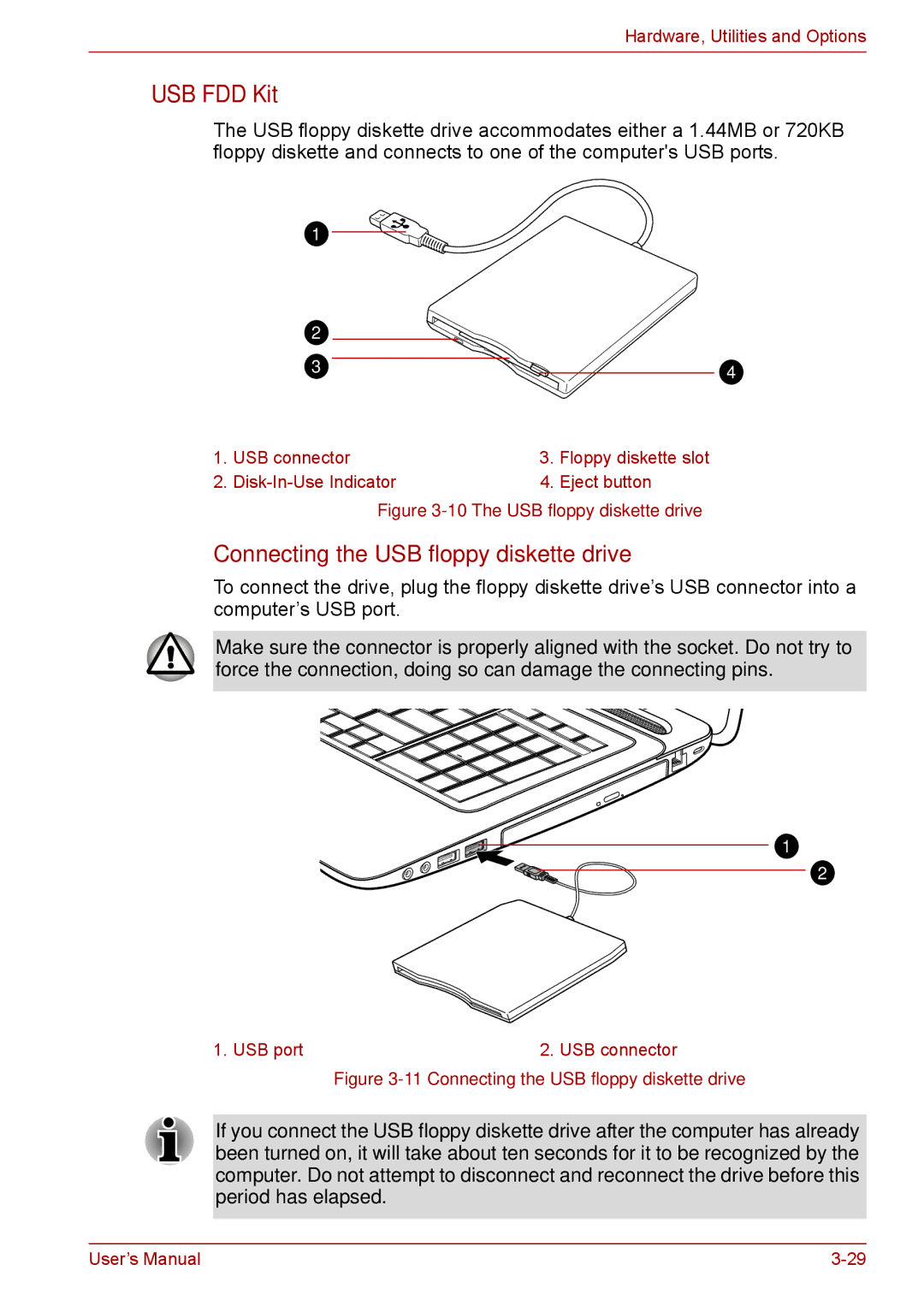 Toshiba Pro L670D, L675D user manual USB FDD Kit, Connecting the USB floppy diskette drive 