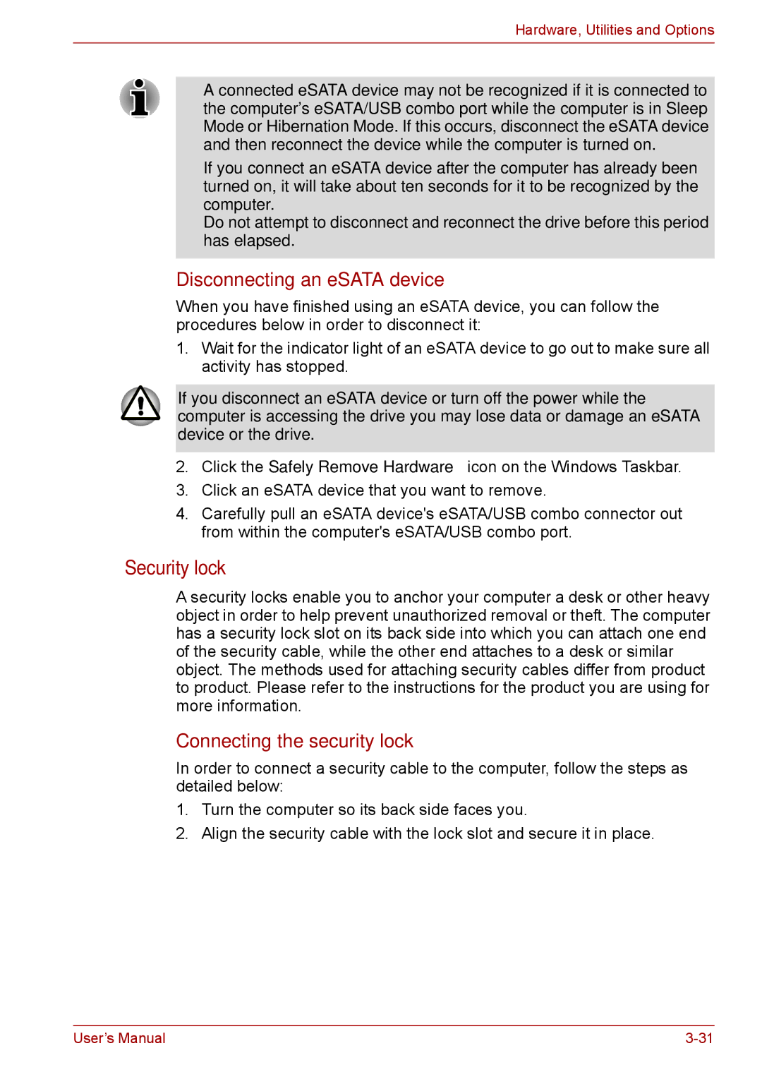 Toshiba L675D, Pro L670D user manual Security lock, Disconnecting an eSATA device, Connecting the security lock 