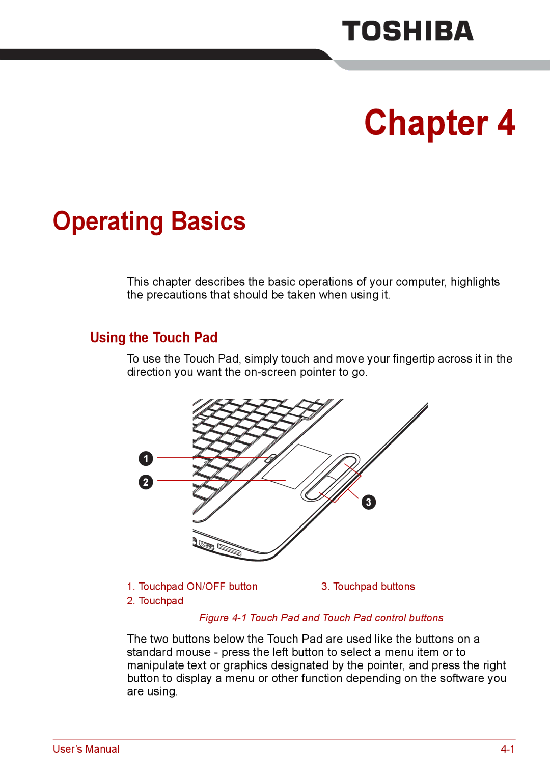 Toshiba Pro L670D, L675D user manual Operating Basics, Using the Touch Pad 