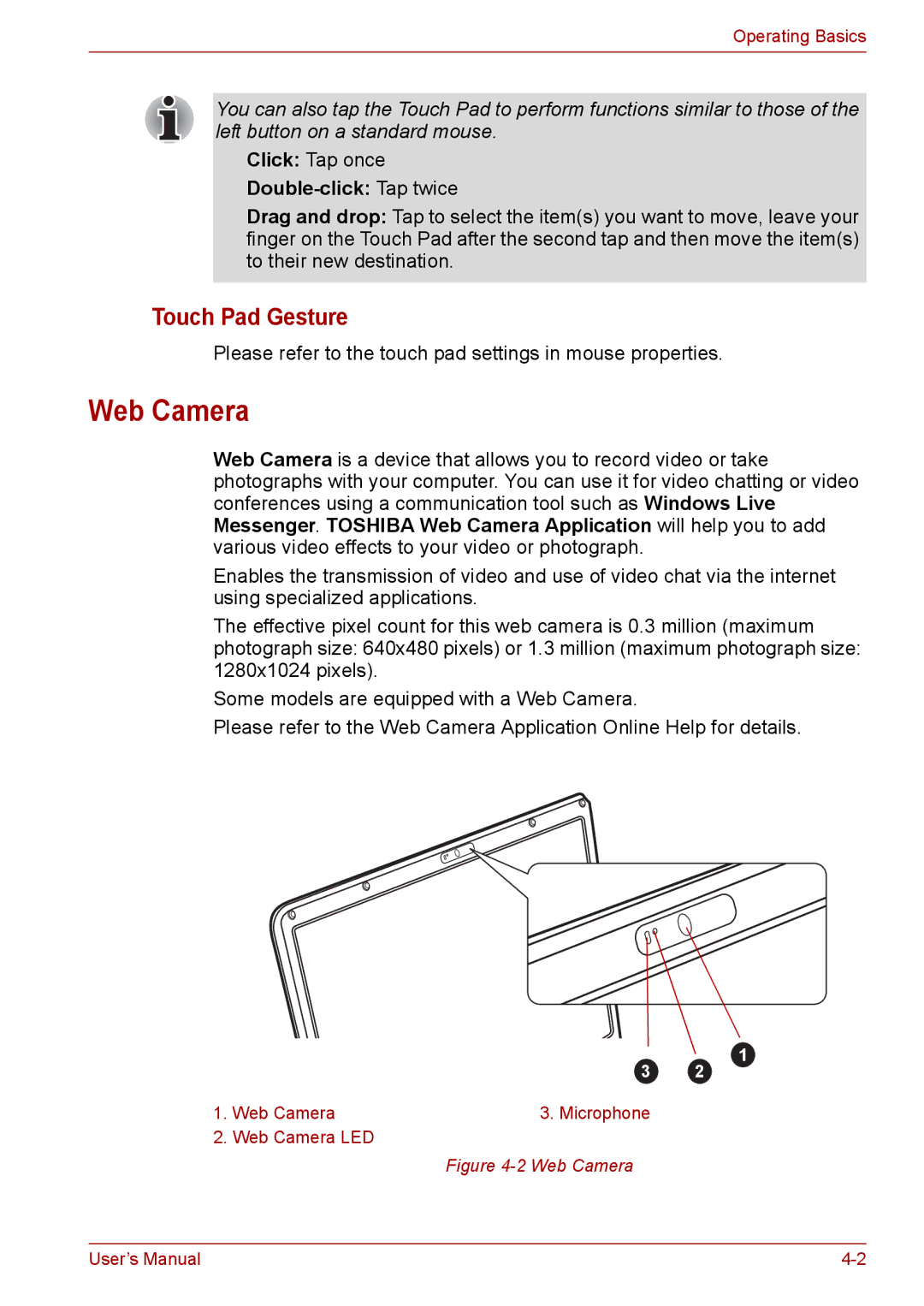 Toshiba Pro L670D, L675D user manual Web Camera, Touch Pad Gesture, Double-click Tap twice 