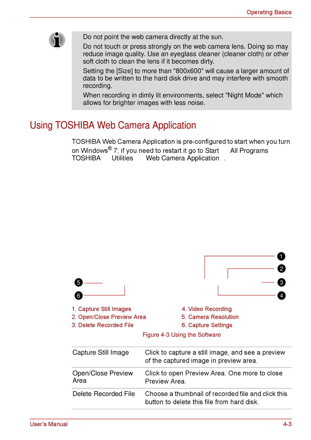 Toshiba Pro L670 Using Toshiba Web Camera Application, Capture Still Image, Open/Close Preview, Area, Delete Recorded File 