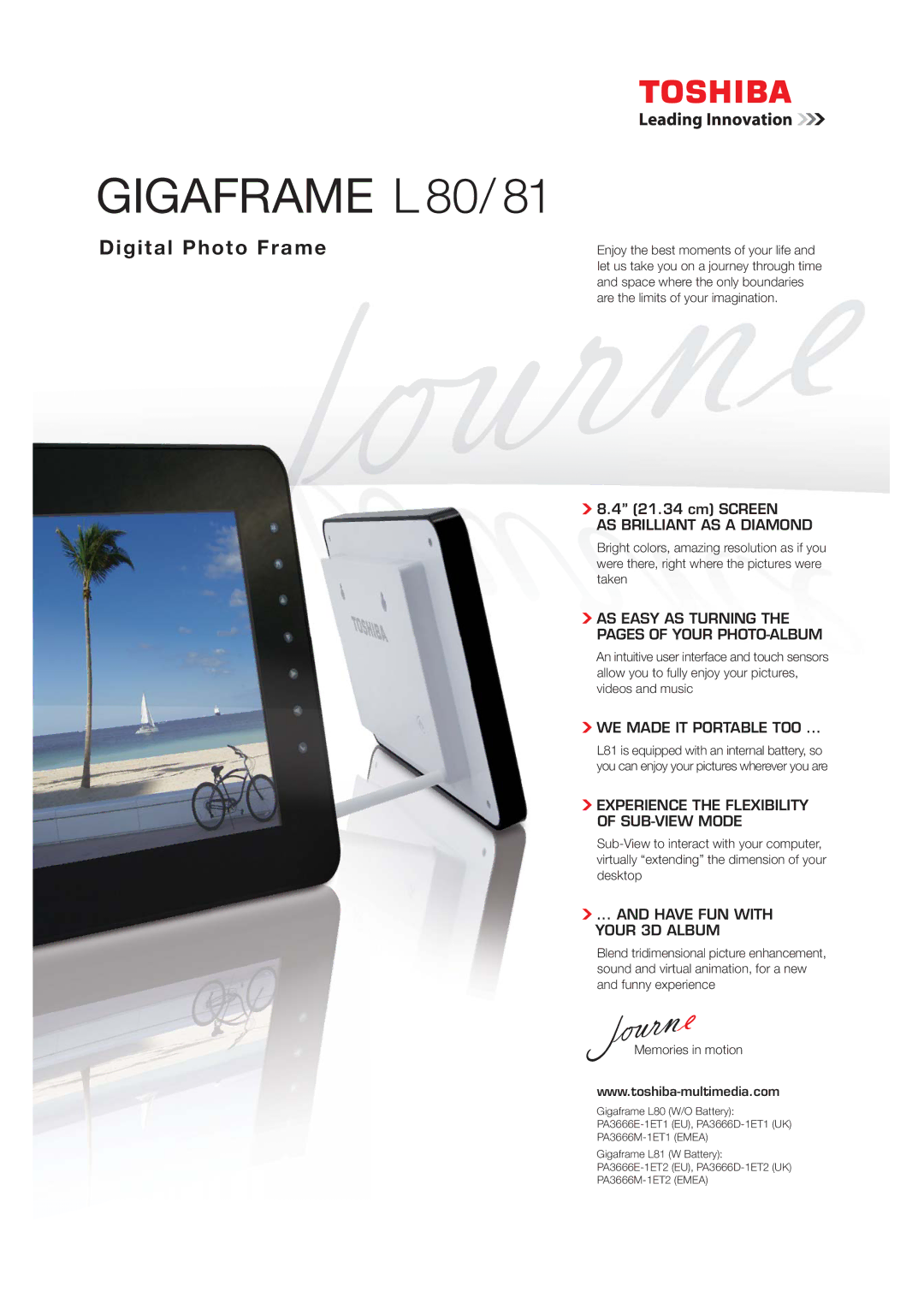 Toshiba L81 manual AS Easy AS Turning the Pages of Your PHOTO-ALBUM, WE Made IT Portable TOO, Have FUN with Your 3D Album 