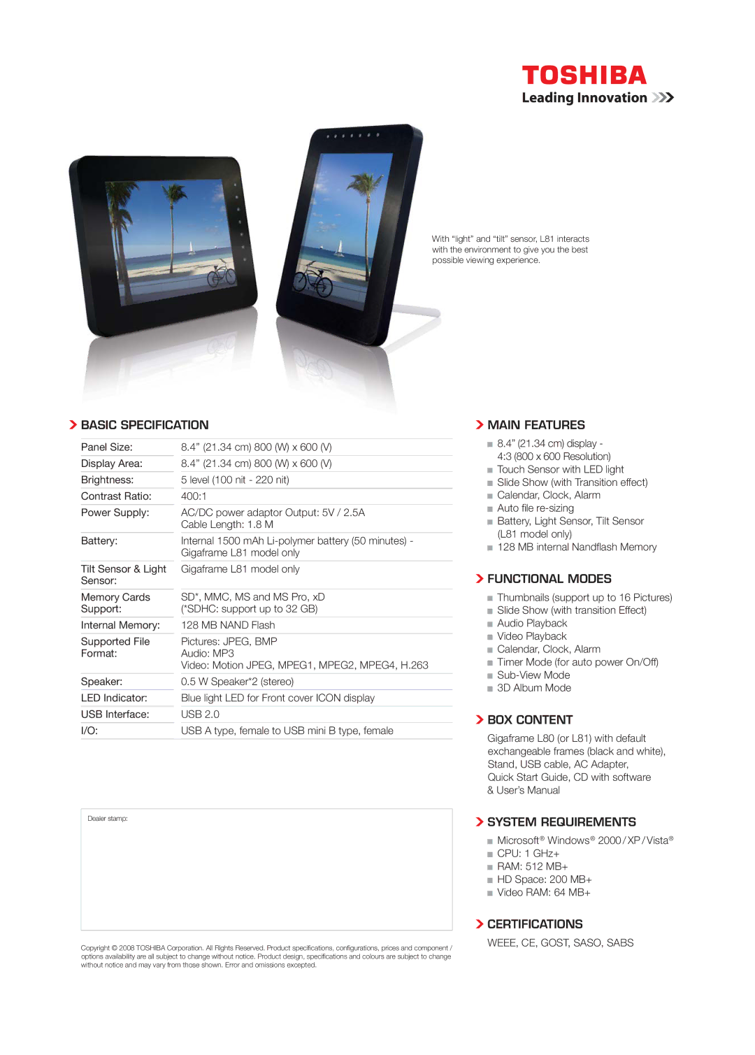 Toshiba L80, L81 Basic Specification Main Features, Functional Modes, BOX Content, System Requirements, Certifications 