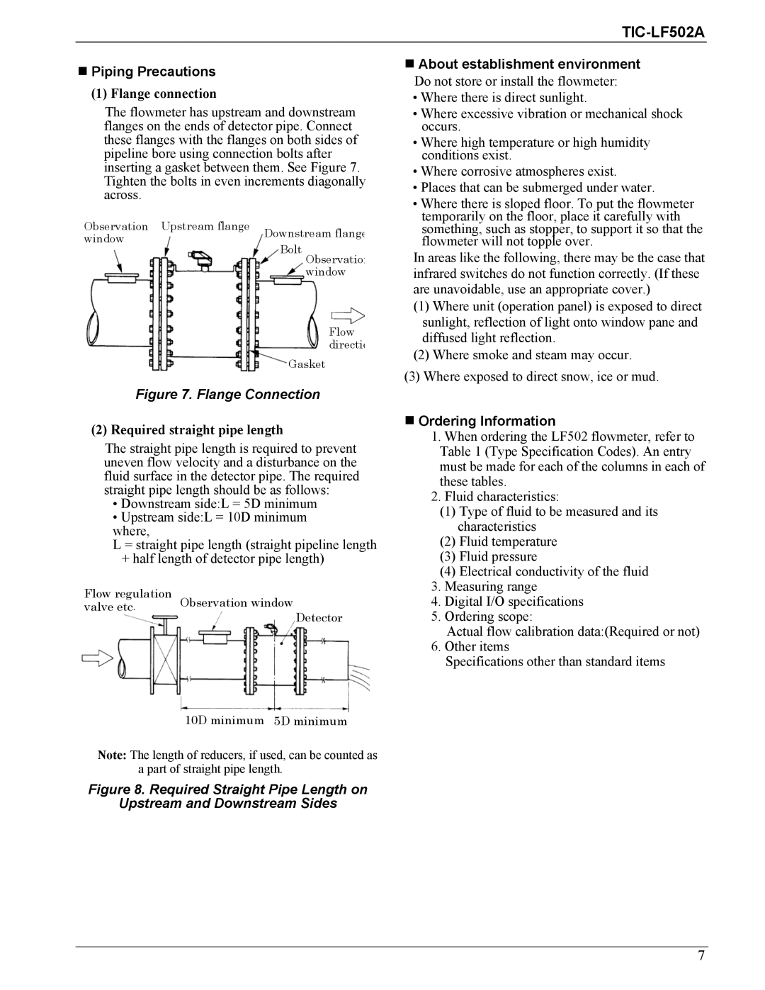 Toshiba LF232*F specifications Piping Precautions, Flange connection, About establishment environment, Ordering Information 