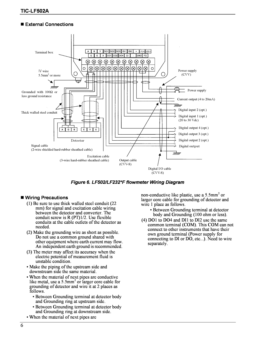 Toshiba specifications External Connections, LF502/LF232*F flowmeter Wiring Diagram, Wiring Precautions, TIC-LF502A 
