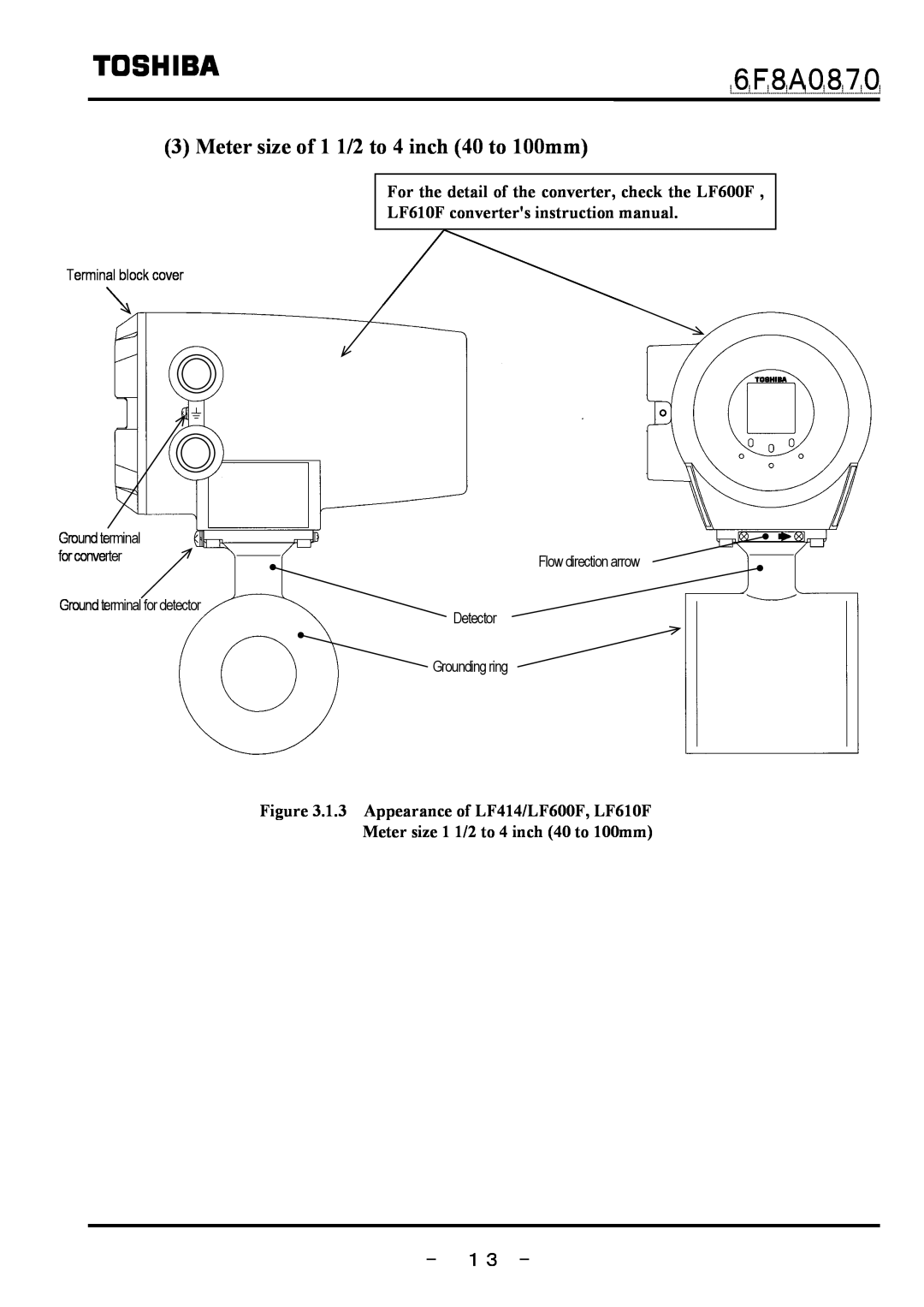 Toshiba manual Meter size of 1 1/2 to 4 inch 40 to 100mm, － １３ －, ６Ｆ８Ａ０８７０, 1.3 Appearance of LF414/LF600F, LF610F 