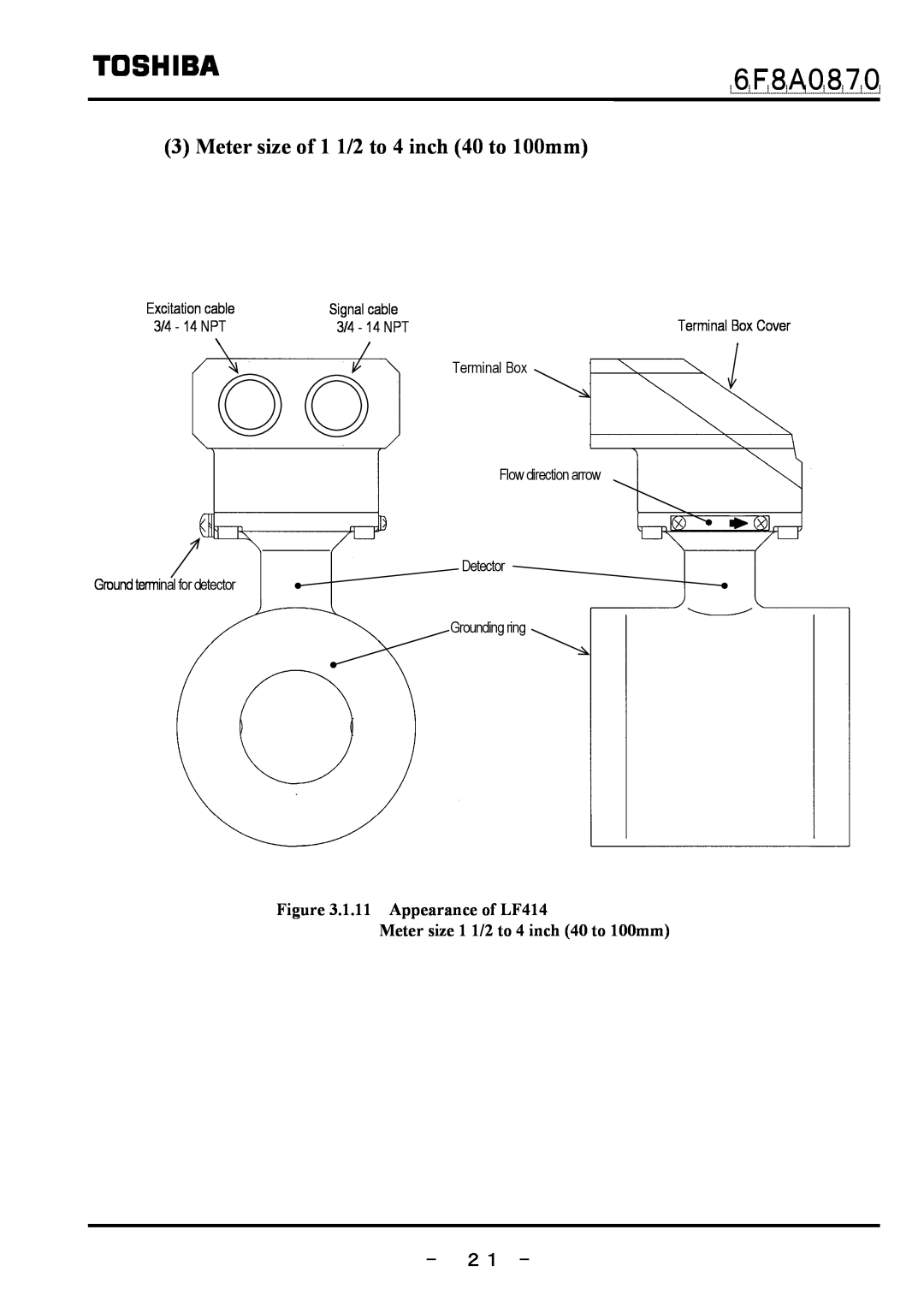 Toshiba manual － ２１ －, ６Ｆ８Ａ０８７０, Meter size of 1 1/2 to 4 inch 40 to 100mm, 1.11 Appearance of LF414, Signal cable 