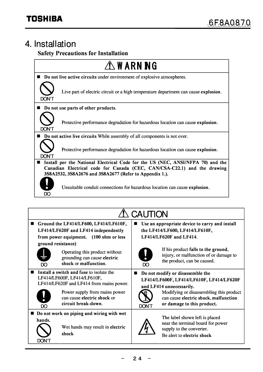 Toshiba LF414 manual Safety Precautions for Installation, － ２４ －, ６Ｆ８Ａ０８７０, Don’T, „ Do not use parts of other products 