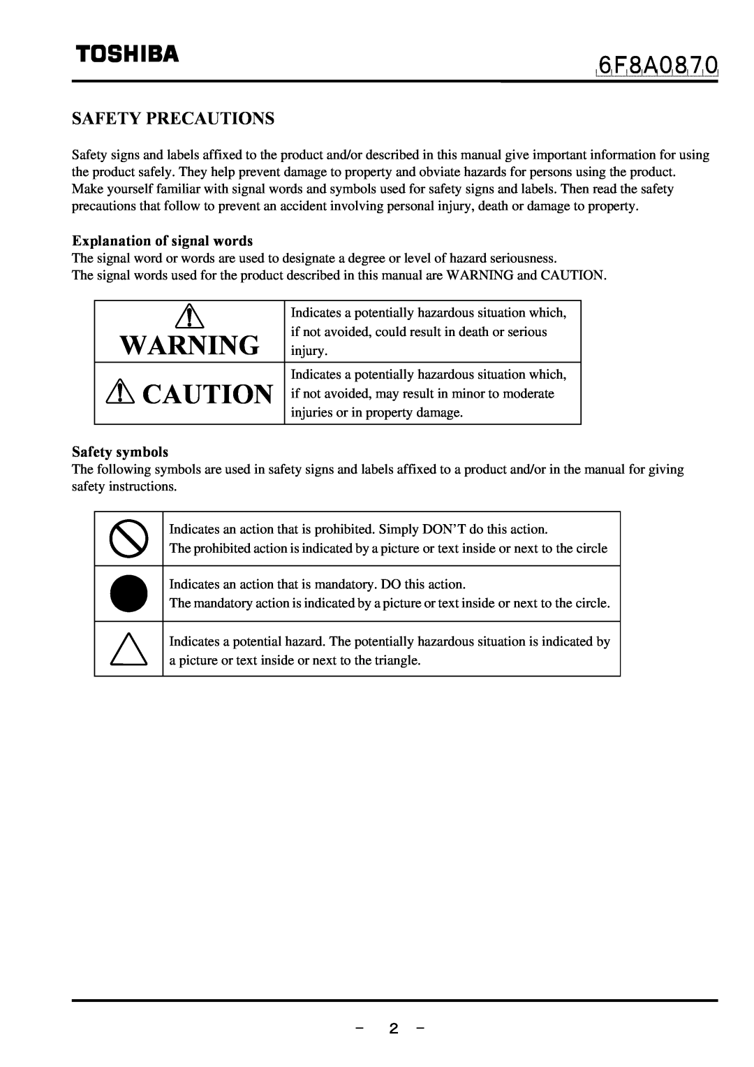 Toshiba LF414 manual Safety Precautions, Explanation of signal words, Safety symbols, － ２ －, ６Ｆ８Ａ０８７０ 