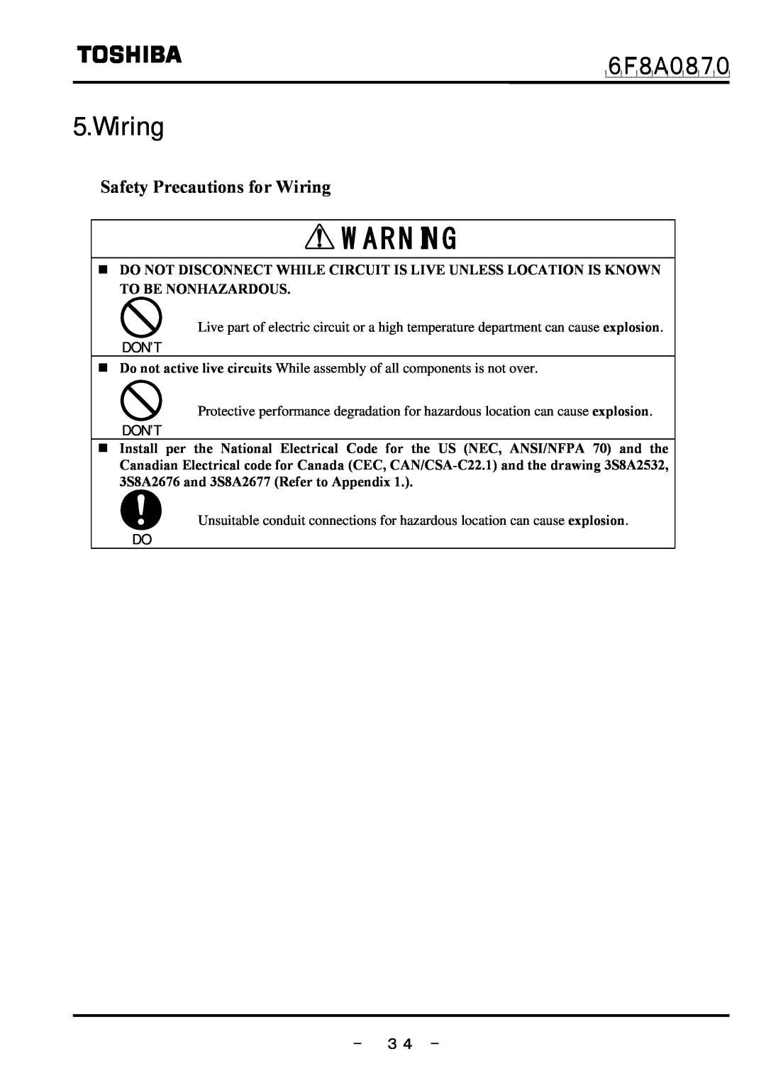 Toshiba LF414 manual Safety Precautions for Wiring, － ３４ －, ６Ｆ８Ａ０８７０, Don’T 