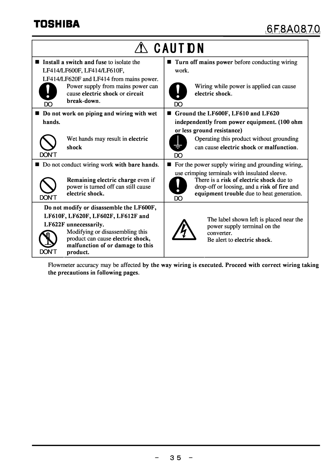 Toshiba LF414 ６Ｆ８Ａ０８７０, － ３５ －, Don’T, „ Install a switch and fuse to isolate the, cause electric shock or circuit, hands 