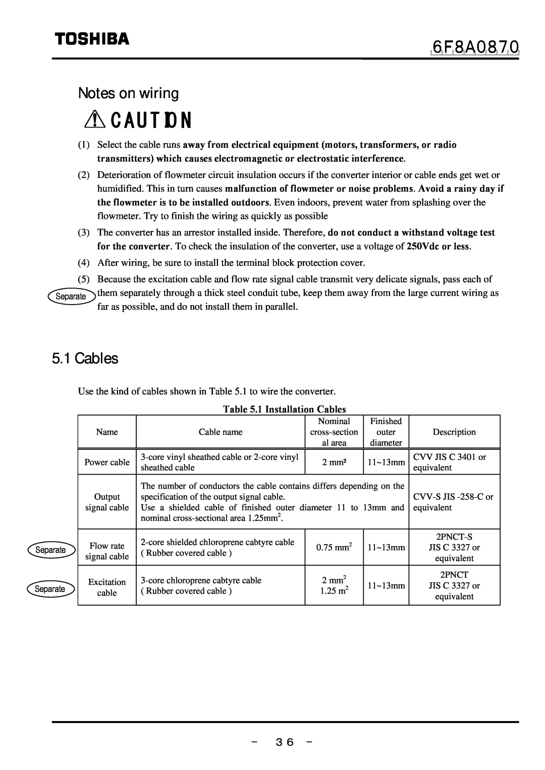 Toshiba LF414 manual Notes on wiring, － ３６ －, ６Ｆ８Ａ０８７０, 1 Installation Cables 