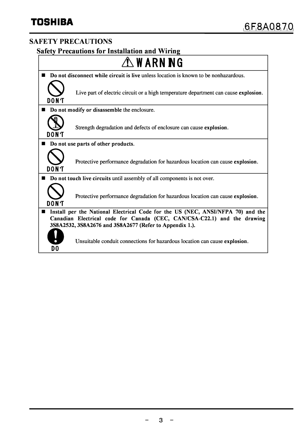 Toshiba LF414 manual SAFETY PRECAUTIONS Safety Precautions for Installation and Wiring, － ３ －, ６Ｆ８Ａ０８７０, Don’T 