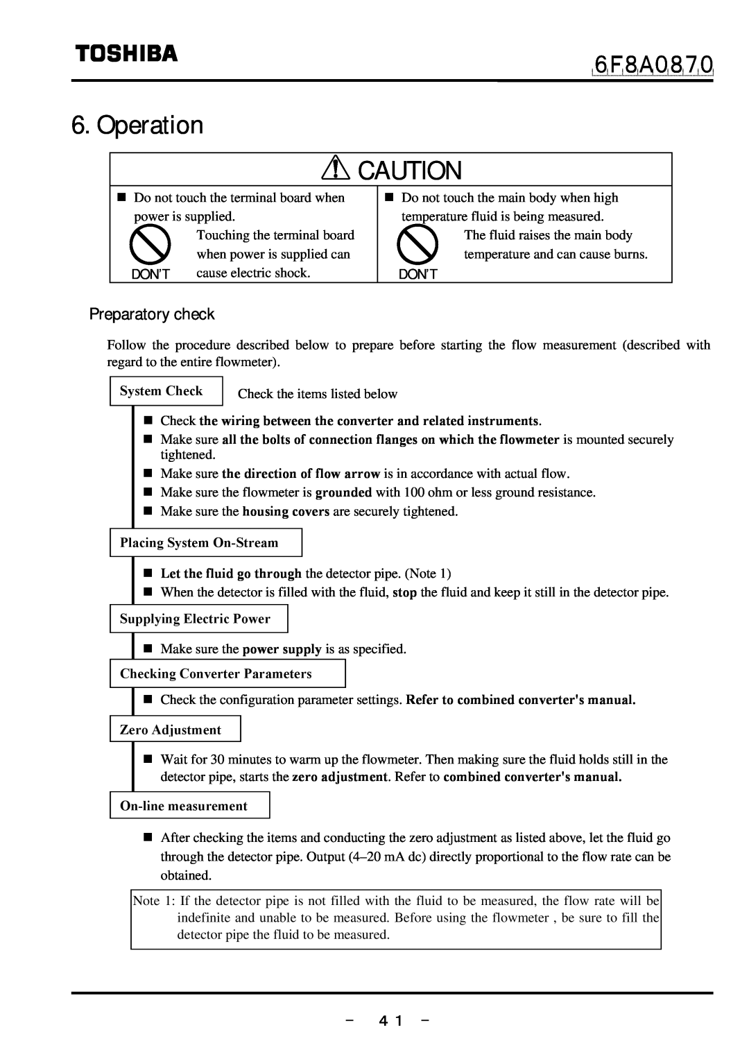 Toshiba LF414 manual Operation, Preparatory check, － ４１ －, ６Ｆ８Ａ０８７０, Don’T, System Check, Placing System On-Stream 