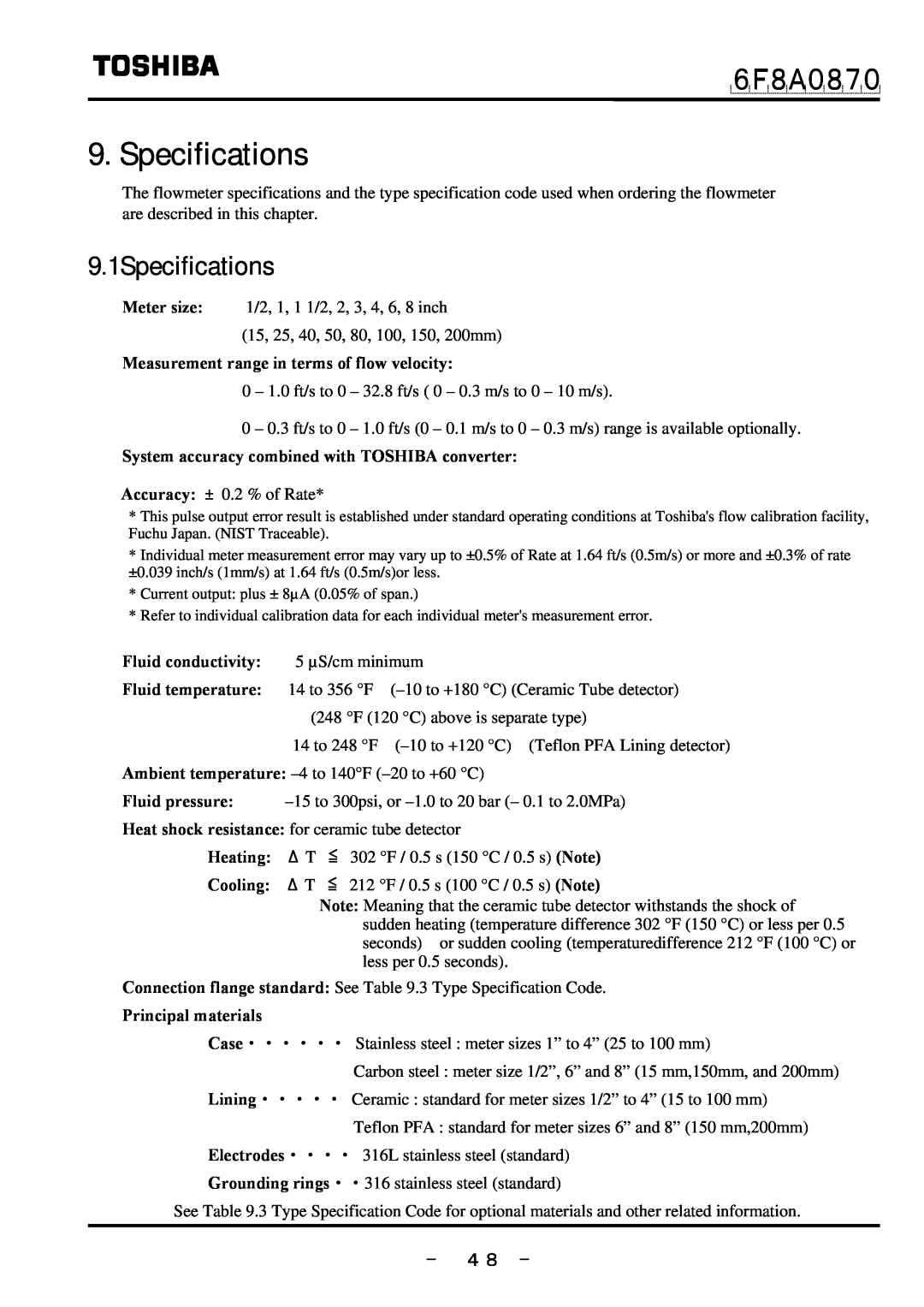 Toshiba LF414 9.1Specifications, － ４８ －, ６Ｆ８Ａ０８７０, Measurement range in terms of flow velocity, Fluid conductivity 