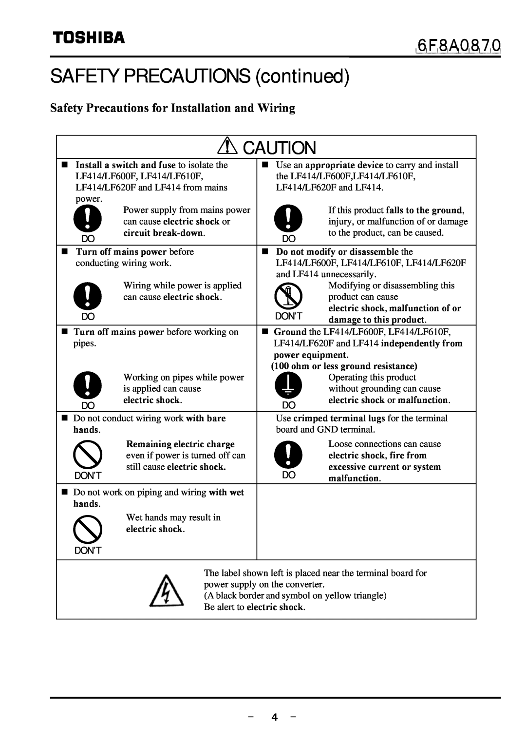 Toshiba LF414 SAFETY PRECAUTIONS continued, Safety Precautions for Installation and Wiring, Don’T, － ４ －, ６Ｆ８Ａ０８７０, hands 