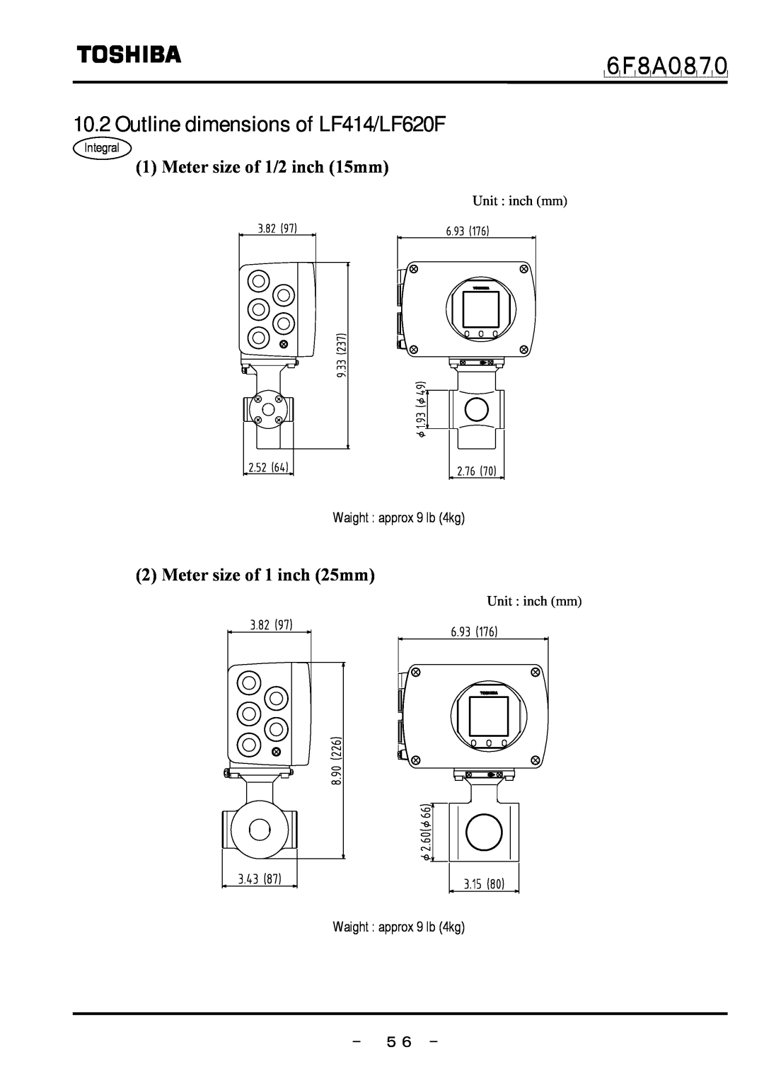 Toshiba Outline dimensions of LF414/LF620F, － ５６ －, ６Ｆ８Ａ０８７０, Meter size of 1/2 inch 15mm, Meter size of 1 inch 25mm 