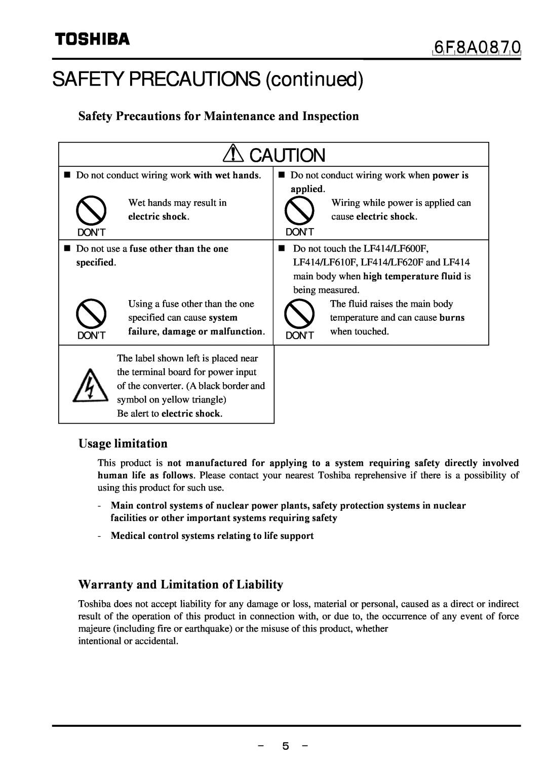 Toshiba LF414 Safety Precautions for Maintenance and Inspection, Usage limitation, Warranty and Limitation of Liability 