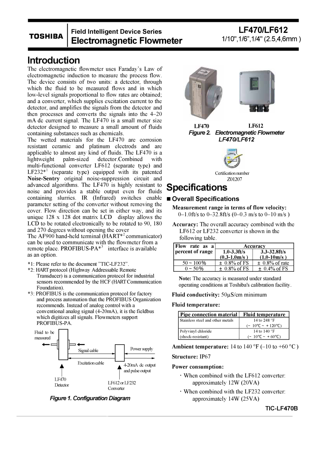 Toshiba LF470/LF612 specifications Introduction, Specifications, Field Intelligent Device Series, 10,1/6,1/4 2.5,4,6mm 