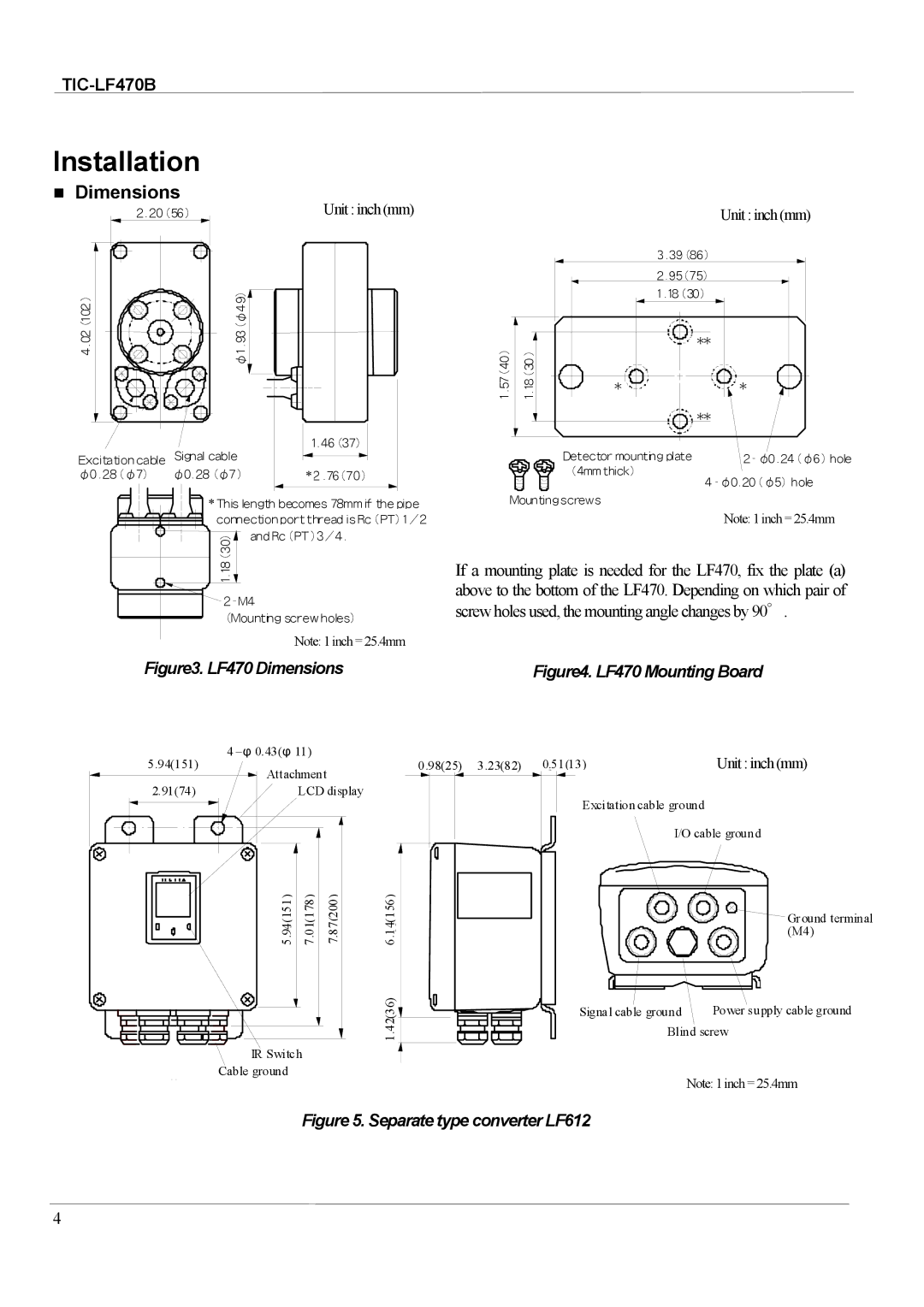 Toshiba LF470/LF612 specifications Installation, Dimensions, Unit inch mm 