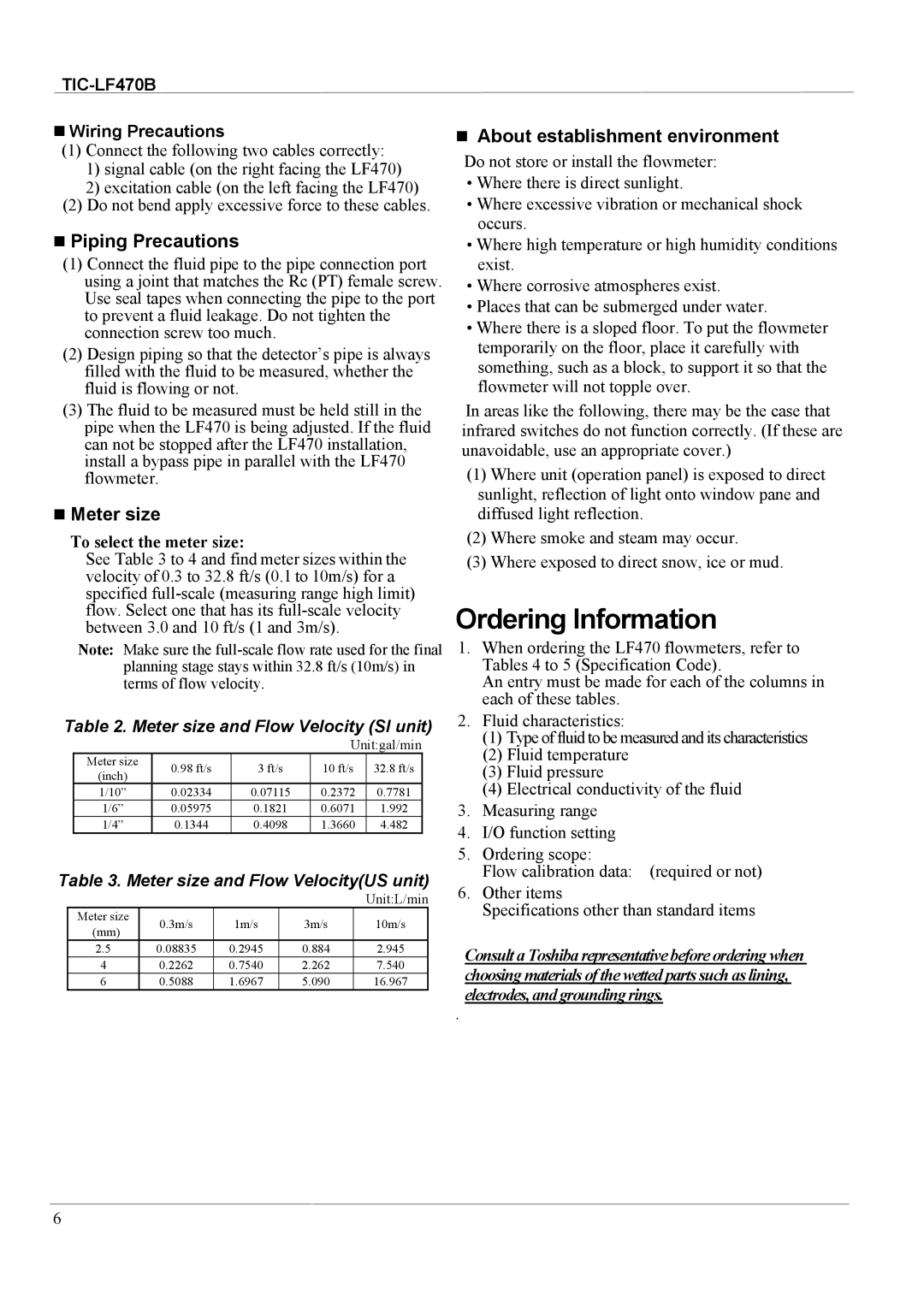 Toshiba LF470/LF612 specifications Ordering Information, Piping Precautions, Meter size, About establishment environment 