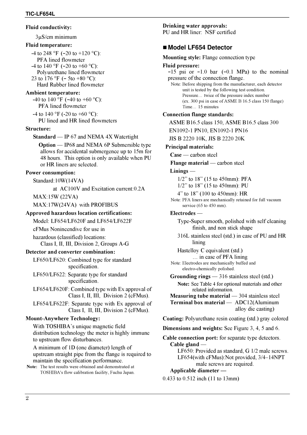 Toshiba LF620F specifications  Model LF654 Detector 