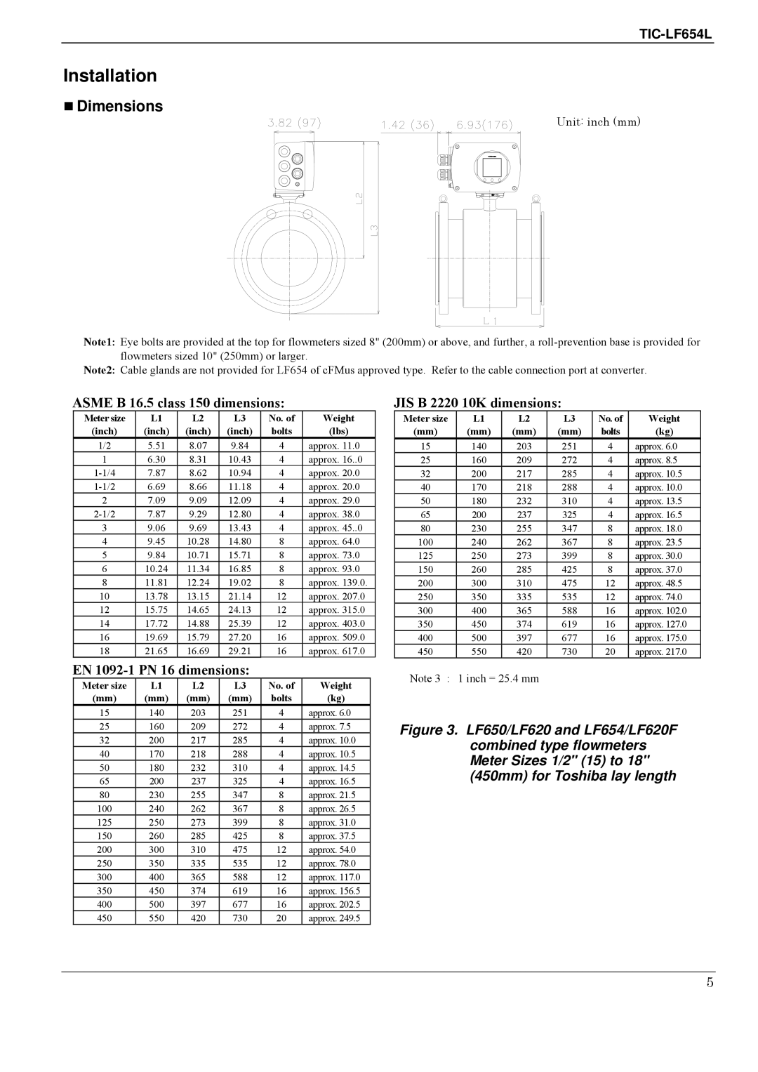 Toshiba LF654  Dimensions, Asme B 16.5 class 150 dimensions, EN 1092-1 PN 16 dimensions, JIS B 2220 10K dimensions 