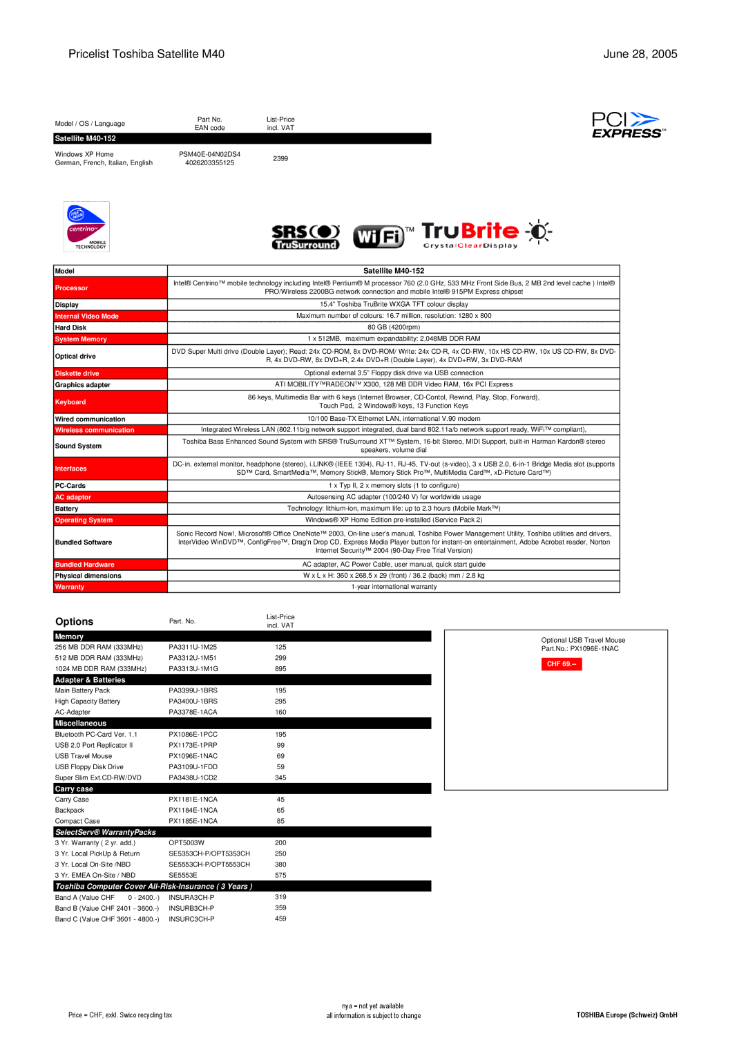 Toshiba LIBRETTO manual Pricelist Toshiba Satellite M40 June 28, Satellite M40-152 