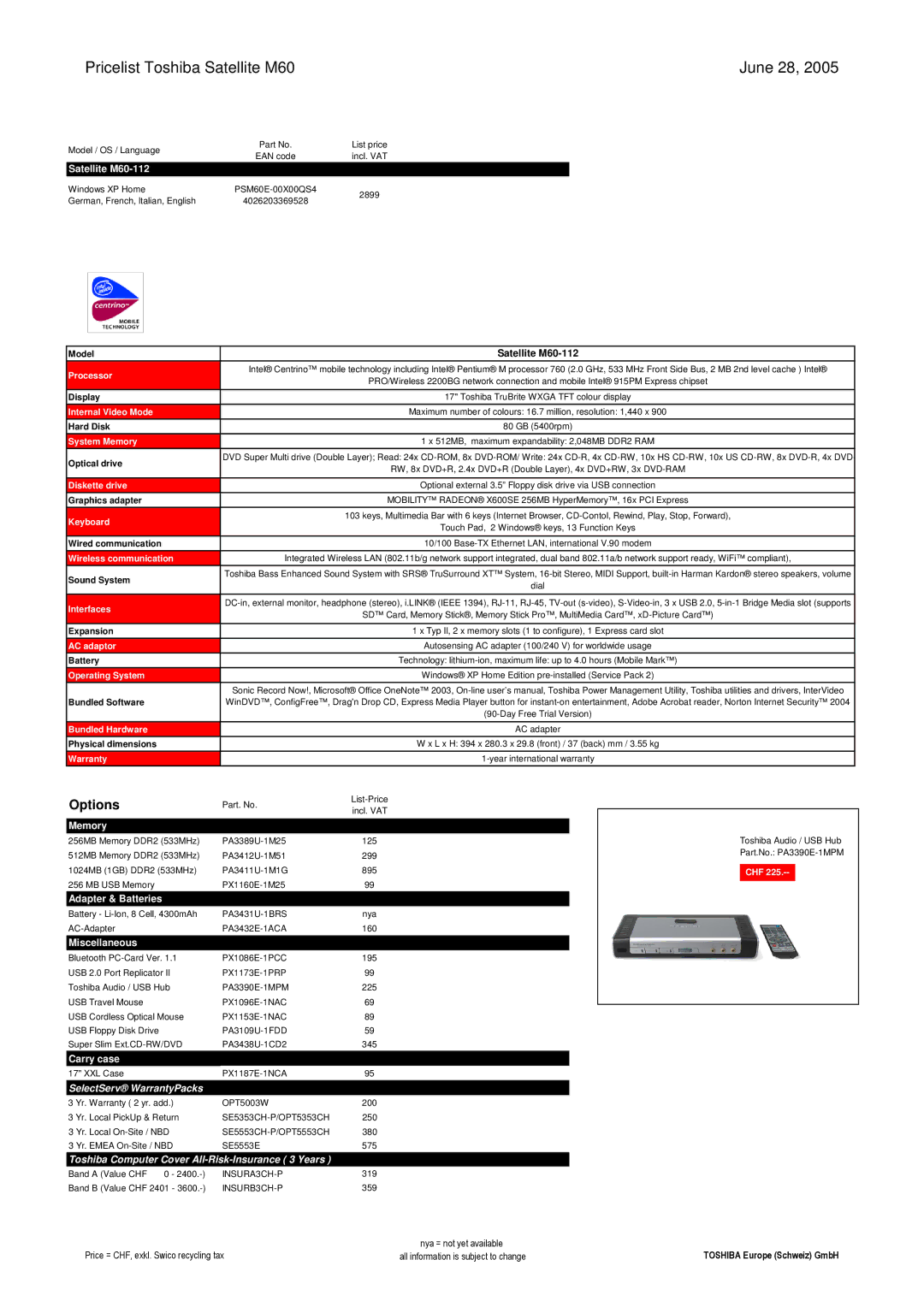 Toshiba LIBRETTO manual Pricelist Toshiba Satellite M60 June 28, Satellite M60-112, Carry case, Wireless communication 