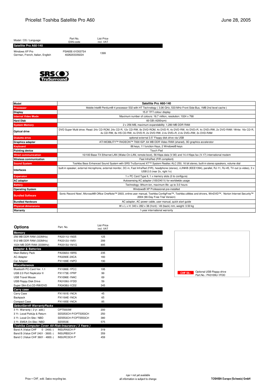 Toshiba LIBRETTO manual Pricelist Toshiba Satellite Pro A60 June 28, Model Satellite Pro A60-140 