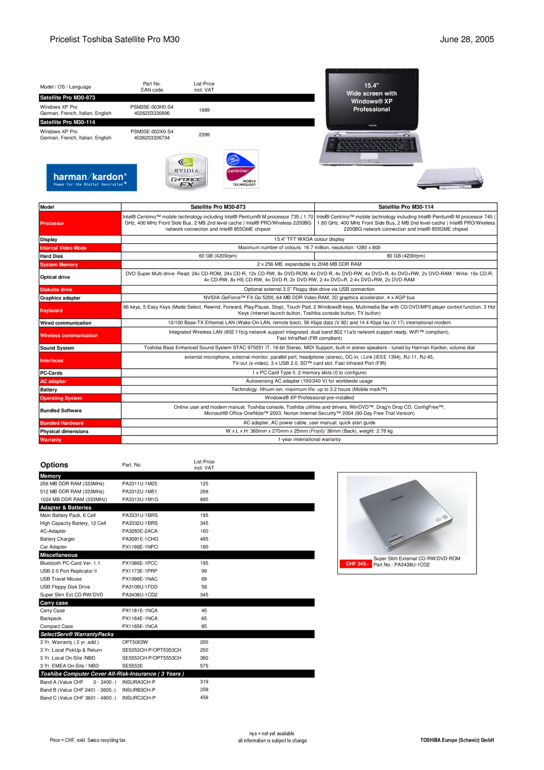 Toshiba LIBRETTO manual Pricelist Toshiba Satellite Pro M30 June 28, Satellite Pro M30-873 Windows XP, Professional 