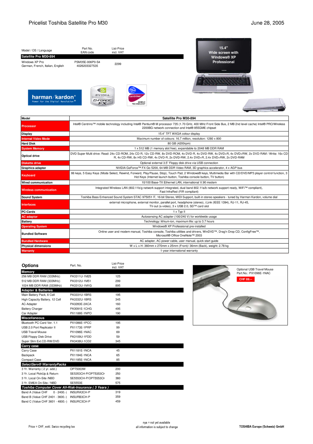 Toshiba LIBRETTO Pricelist Toshiba Satellite Pro M30 June 28, Professional, Satellite Pro M30-894 Windows XP, PC-Cards 