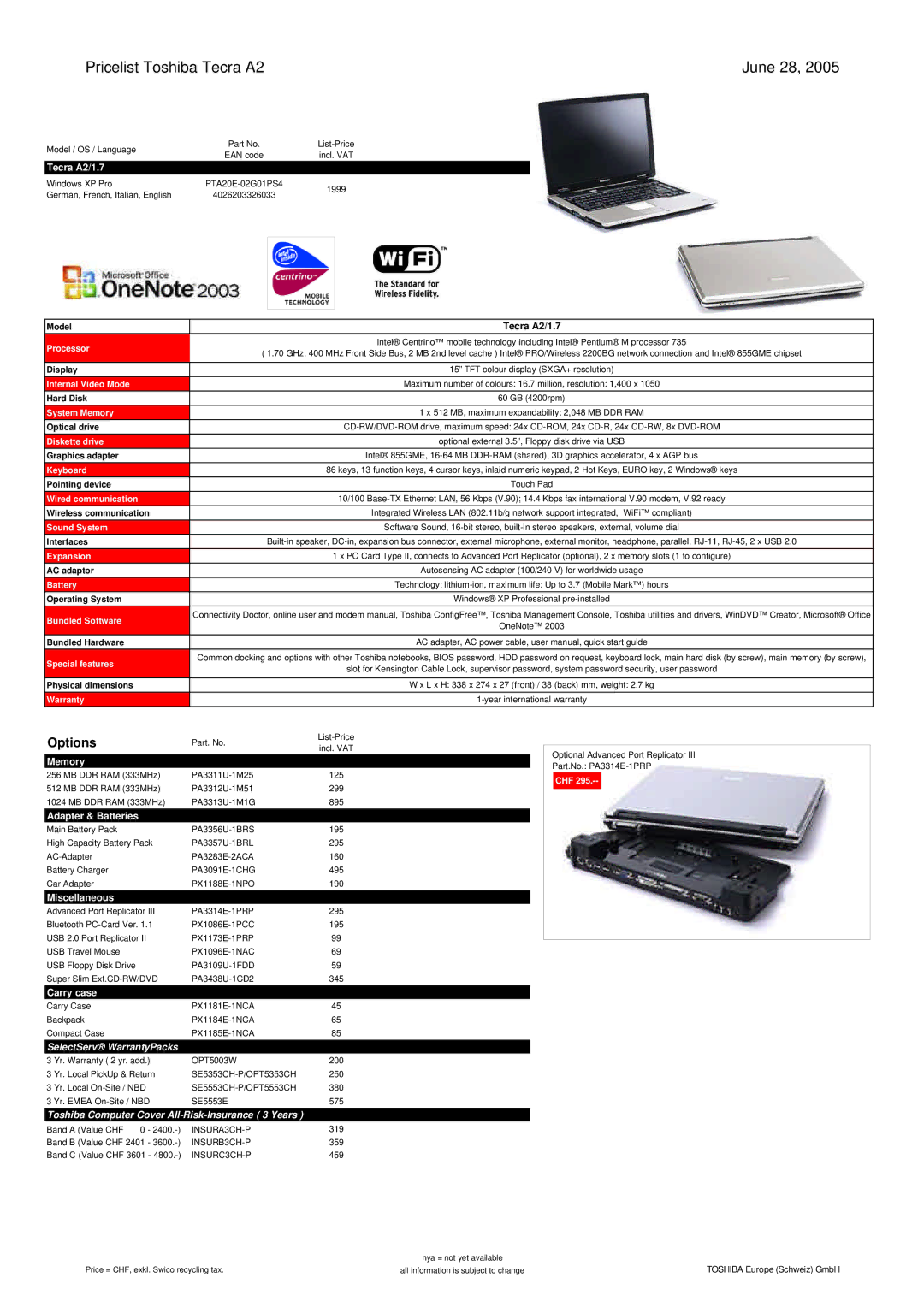 Toshiba LIBRETTO manual Pricelist Toshiba Tecra A2 June 28 