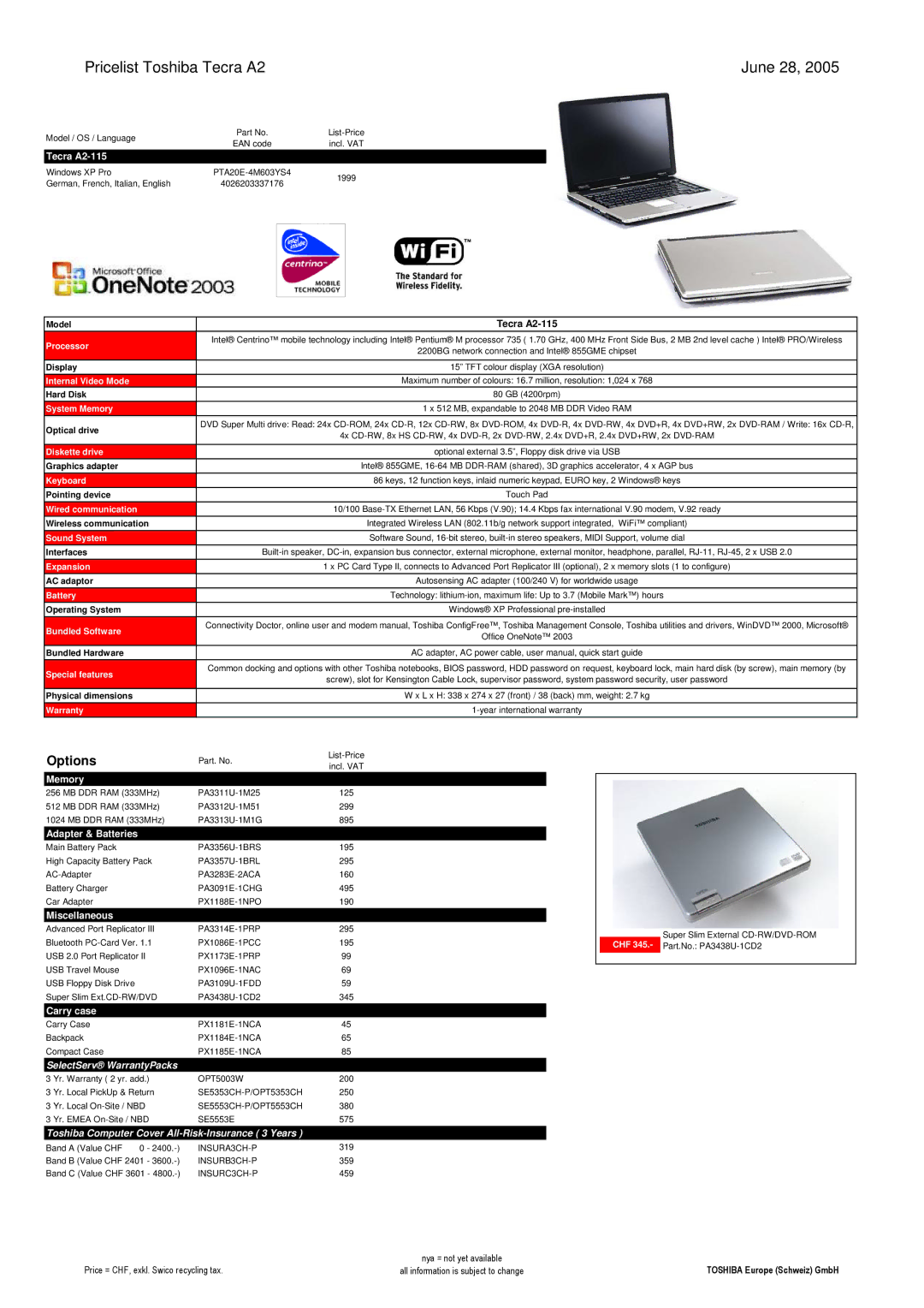 Toshiba LIBRETTO manual Pricelist Toshiba Tecra A2 June 28, Model Tecra A2-115 