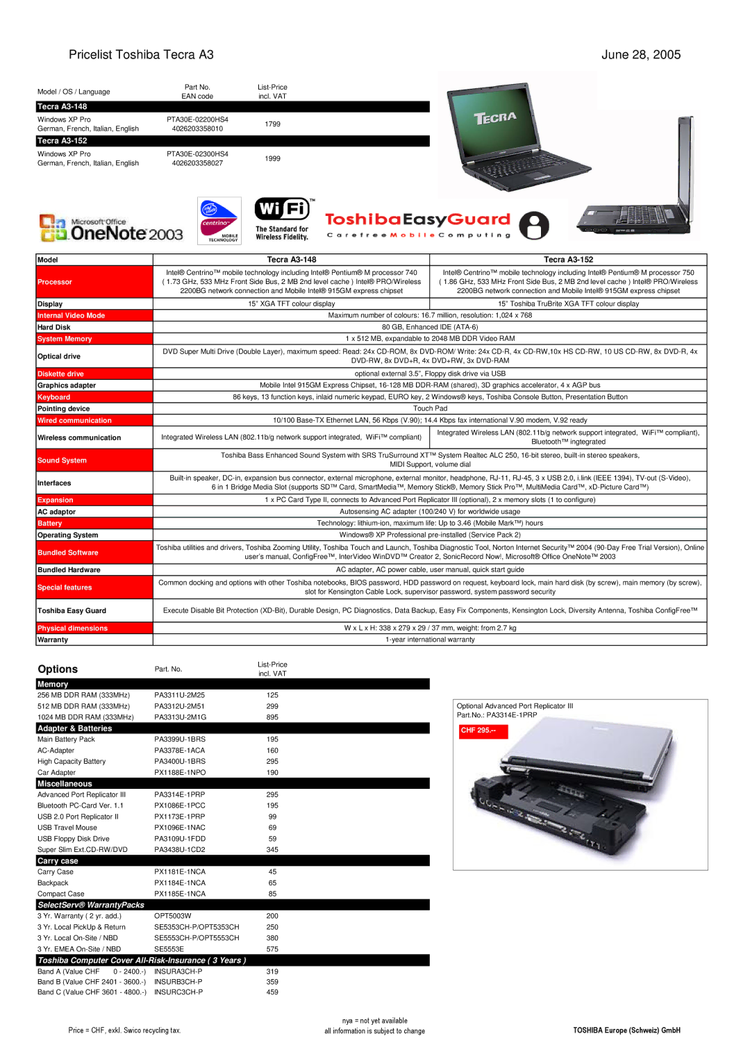 Toshiba LIBRETTO manual Pricelist Toshiba Tecra A3 June 28, Model Tecra A3-148 Tecra A3-152, Toshiba Easy Guard 