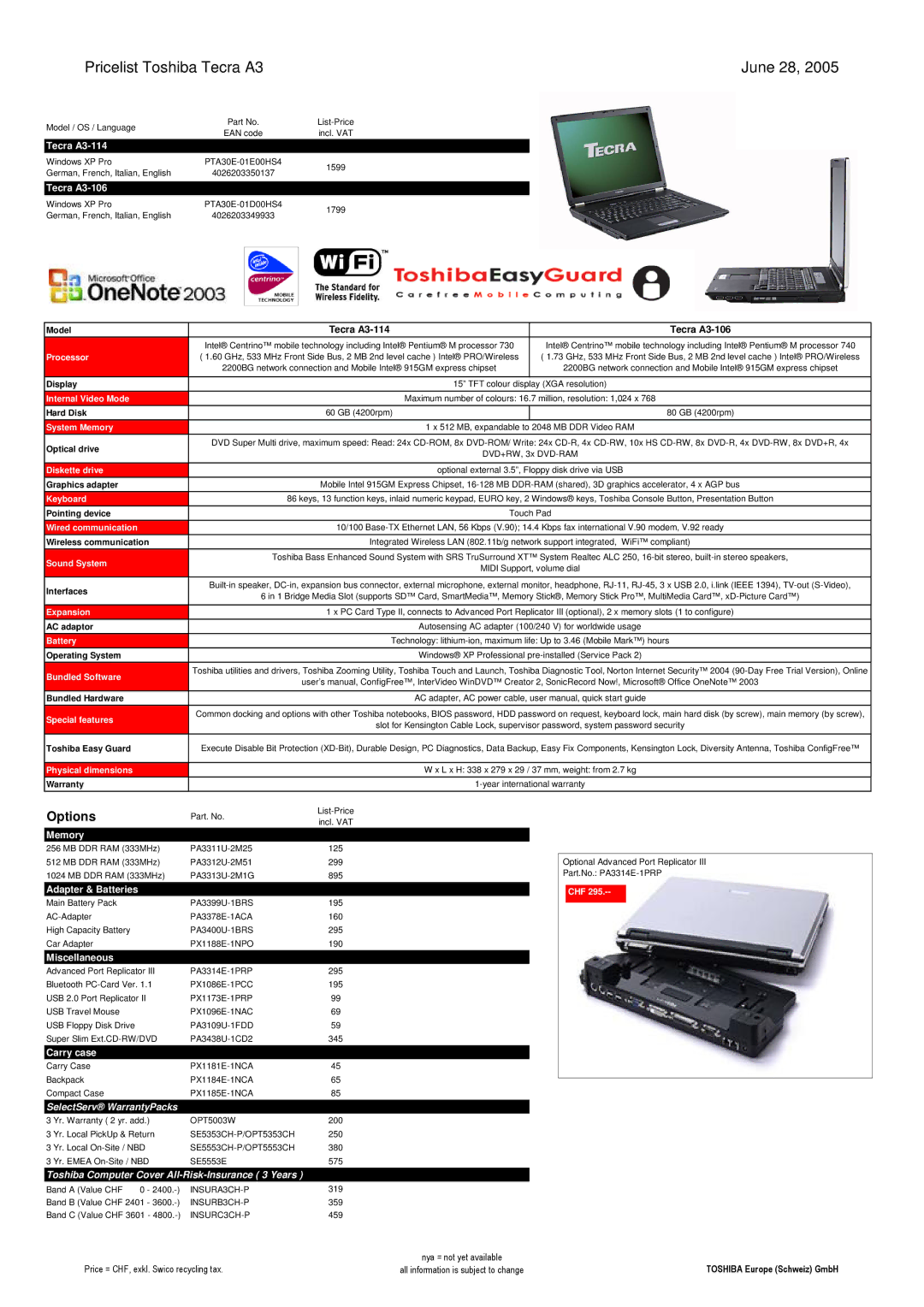 Toshiba LIBRETTO manual Model Tecra A3-114 Tecra A3-106 