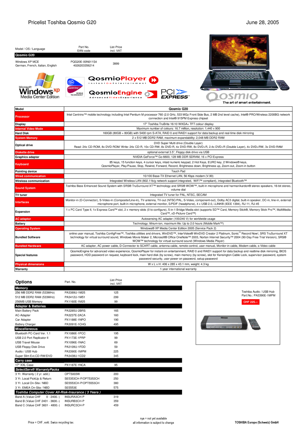 Toshiba LIBRETTO manual Pricelist Toshiba Qosmio G20 June 28 