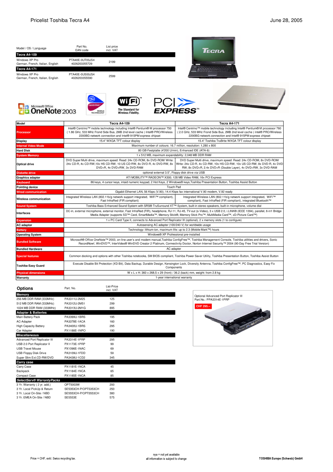 Toshiba LIBRETTO manual Pricelist Toshiba Tecra A4, Tecra A4-109 Tecra A4-171 