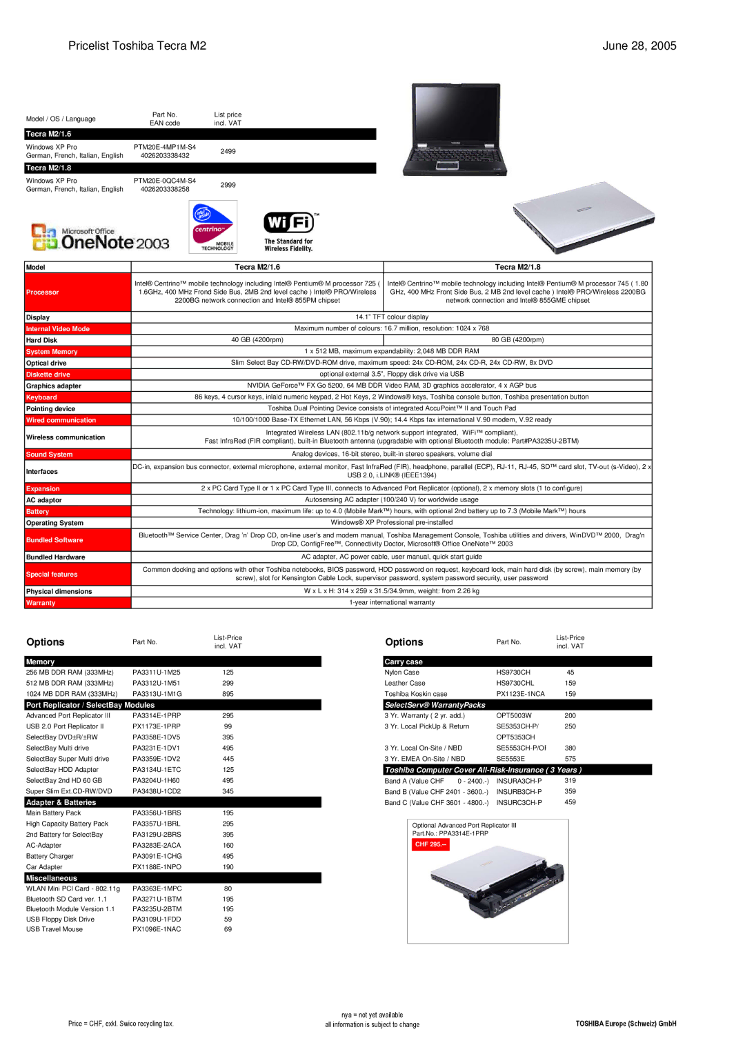 Toshiba LIBRETTO manual Pricelist Toshiba Tecra M2 June 28, Tecra M2/1.6 Tecra M2/1.8 