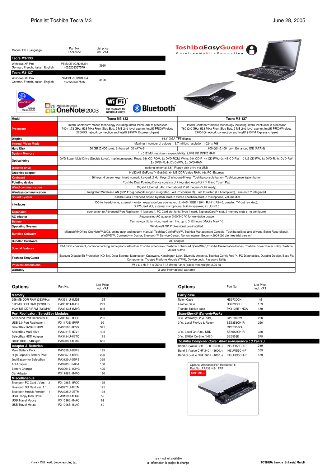 Toshiba LIBRETTO manual Pricelist Toshiba Tecra M3, Tecra M3-133 Tecra M3-137, Toshiba EasyGuard 