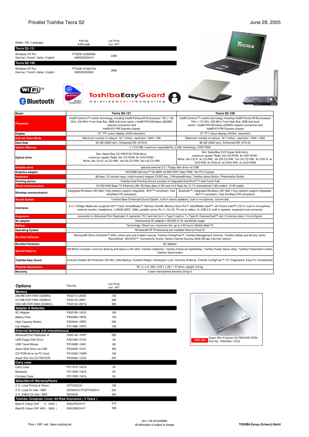 Toshiba LIBRETTO Pricelist Toshiba Tecra S2 June 28, Tecra S2-131 Tecra S2-128, External devices and miscellaneous 