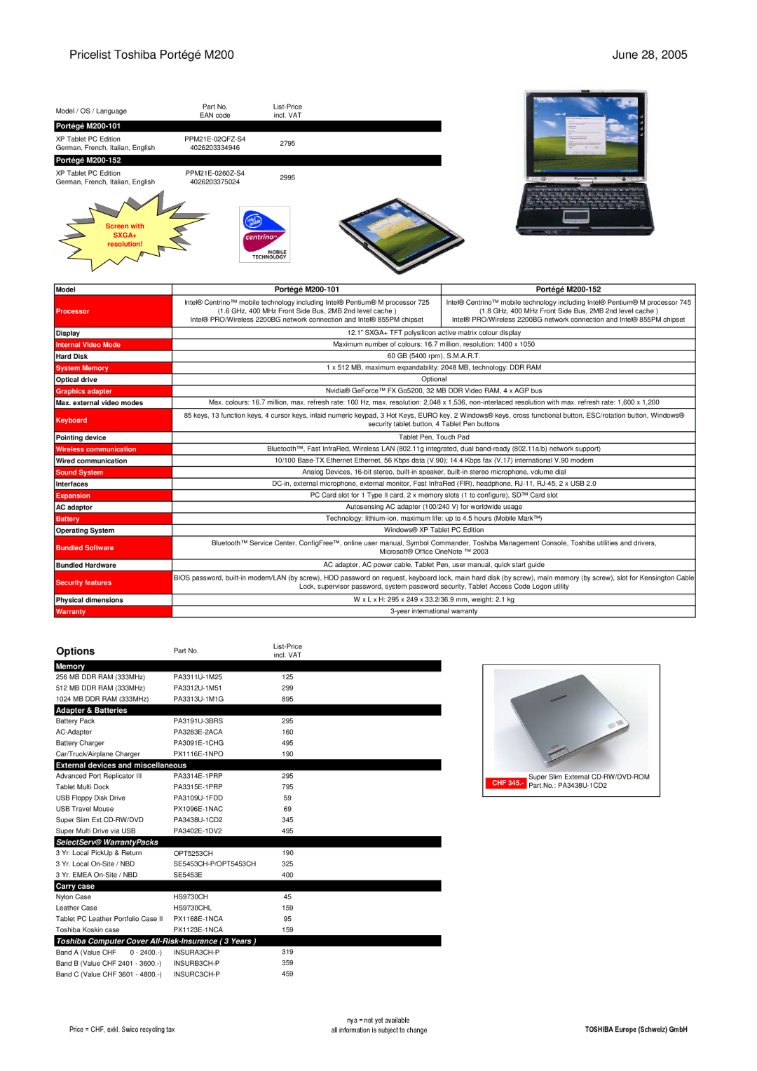 Toshiba LIBRETTO Pricelist Toshiba Portégé M200 June 28, Portégé M200-101, Portégé M200-152, Max. external video modes 