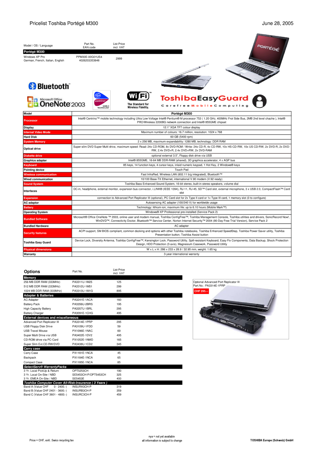 Toshiba LIBRETTO manual Pricelist Toshiba Portégé M300 