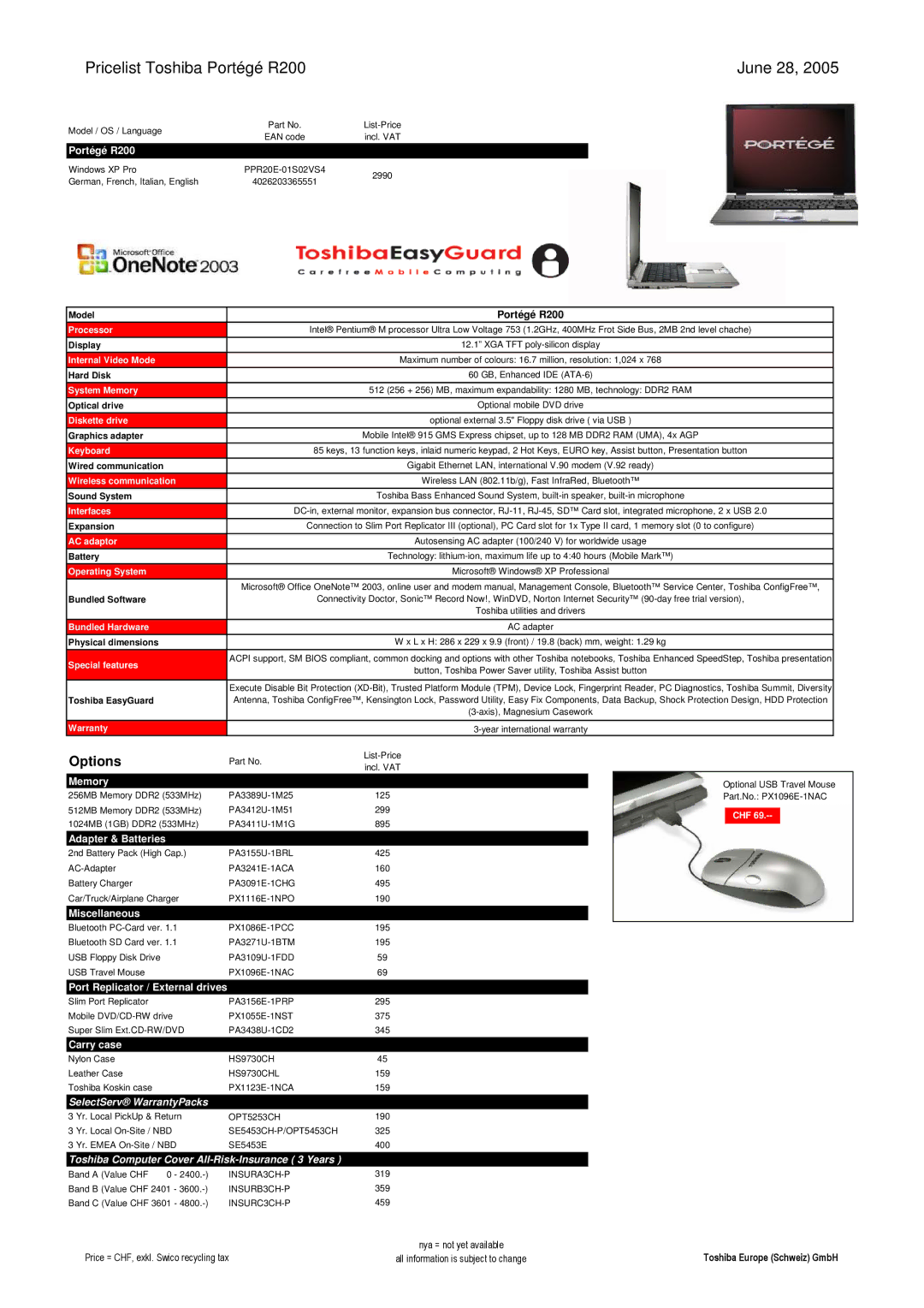 Toshiba LIBRETTO manual Pricelist Toshiba Portégé R200 