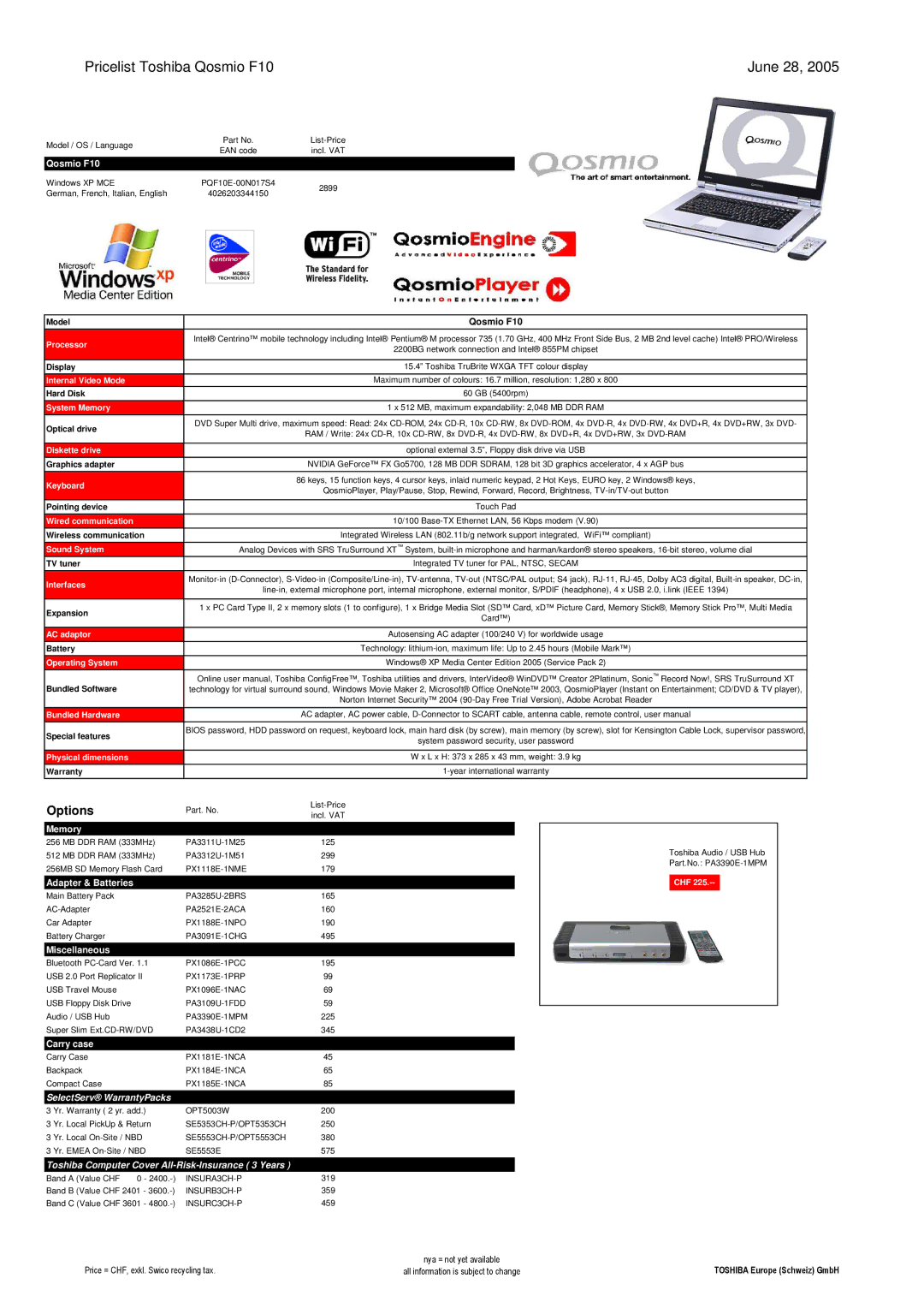 Toshiba LIBRETTO manual Pricelist Toshiba Qosmio F10 June 28 